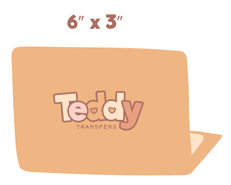 Illustration of an orange rectangular sticker with the dimensions 6x3 inches, featuring the text 'Teddy Transfers' in a playful font with heart shapes inside the letters 'e' and 'd'."