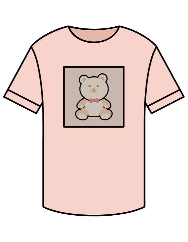 Pink T-shirt with a teddy bear graphic on the front. The bear has a bow tie and a smiling expression.