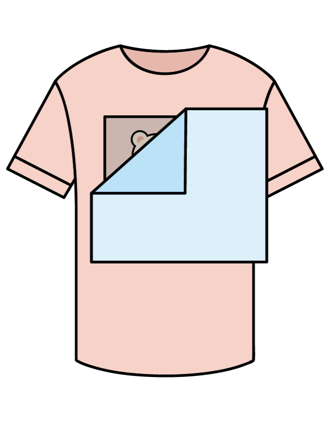 Pink T-shirt with a square image of a teddy bear on the front, partially covered by a blue cloth.
