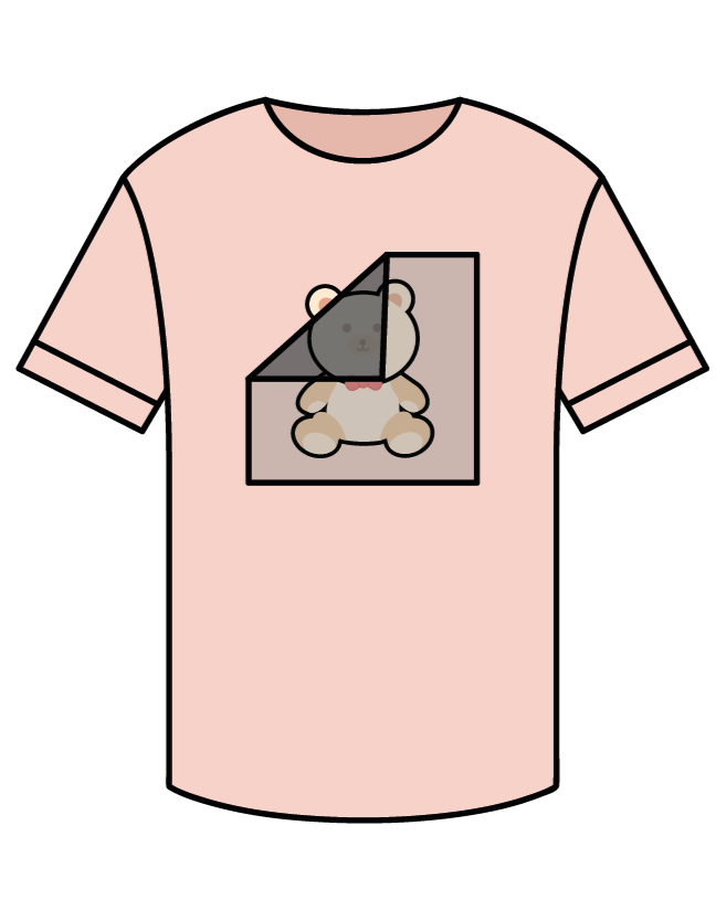 Pink T-shirt with a teddy bear graphic that appears to be inside a corner of a box, with one part outside.