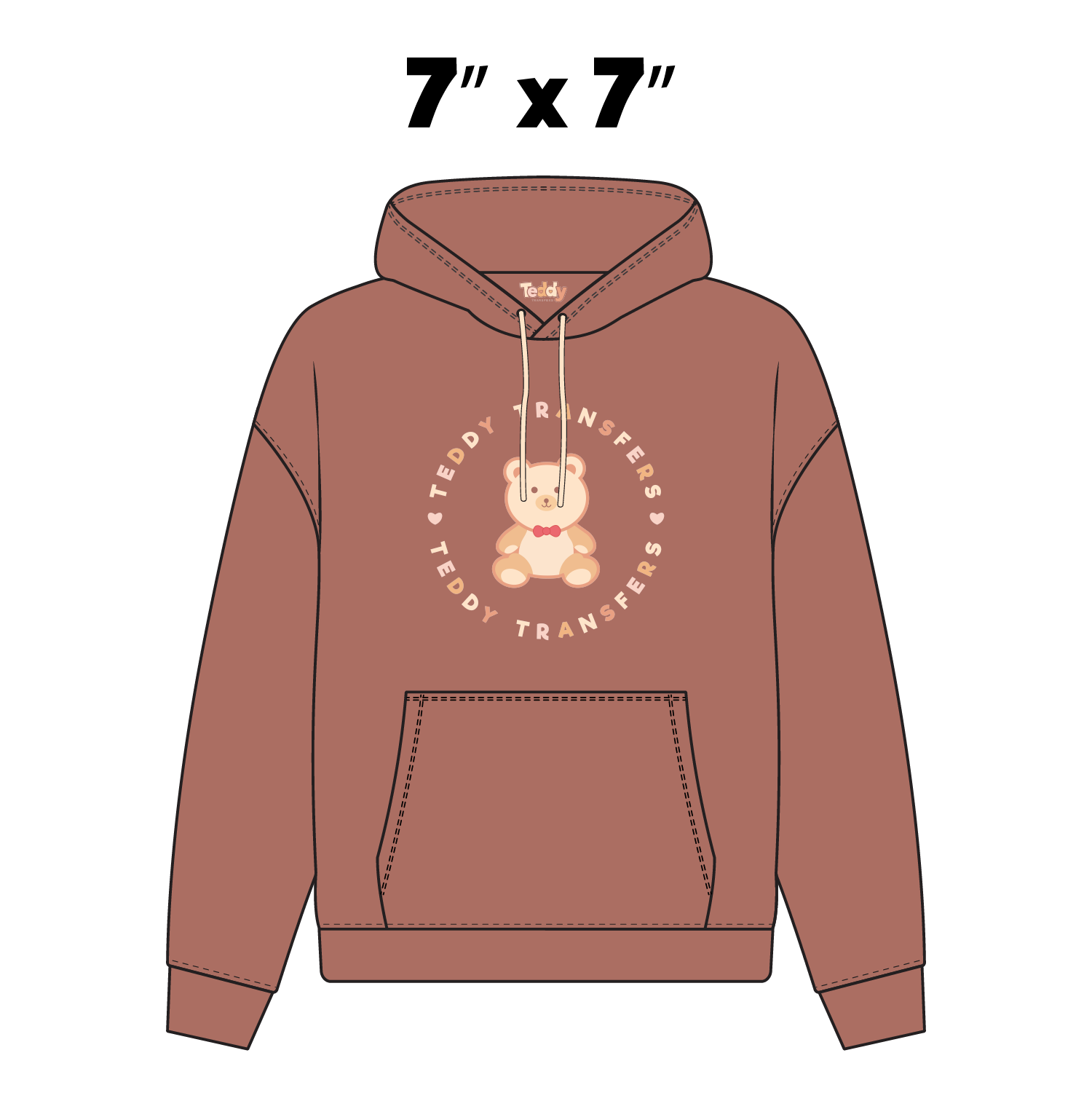 Brown hoodie with a teddy bear graphic and text "Teddy Transfers"