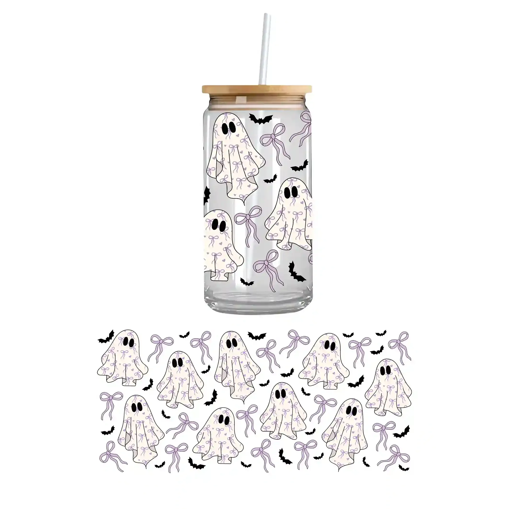 Custom UV DTF cupwrap featuring ghosts with purple bows – fun cupwrap stickers for seasonal drinkware and custom UV DTF designs.