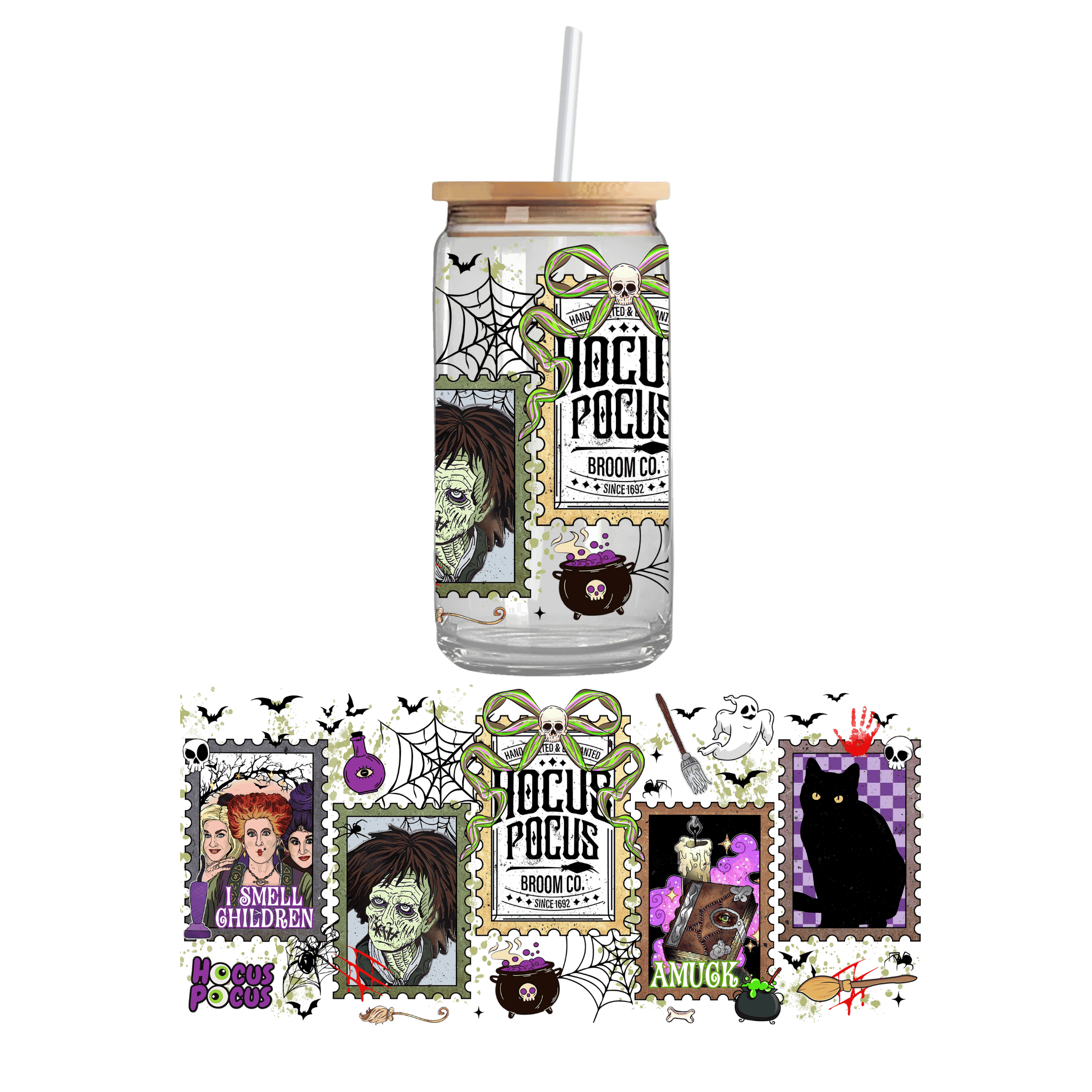 Hocus Pocus Amuck UV DTF cupwrap design – custom uvdtf stickers sized for 16oz and 20oz Libbey glass cups, fun Halloween themed wrap.