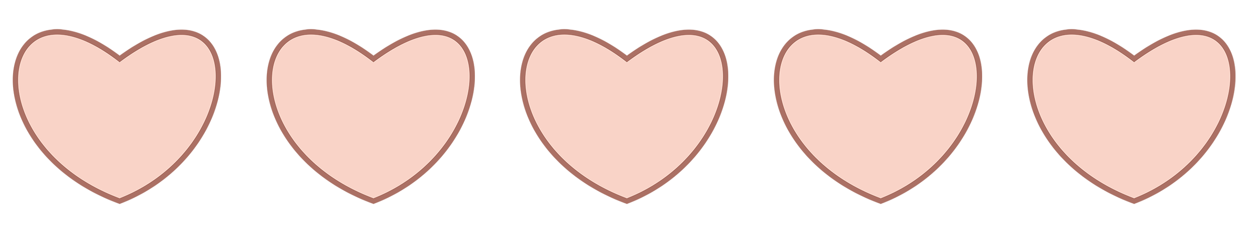 Five pink heart shapes in a horizontal row with brown outlines.
