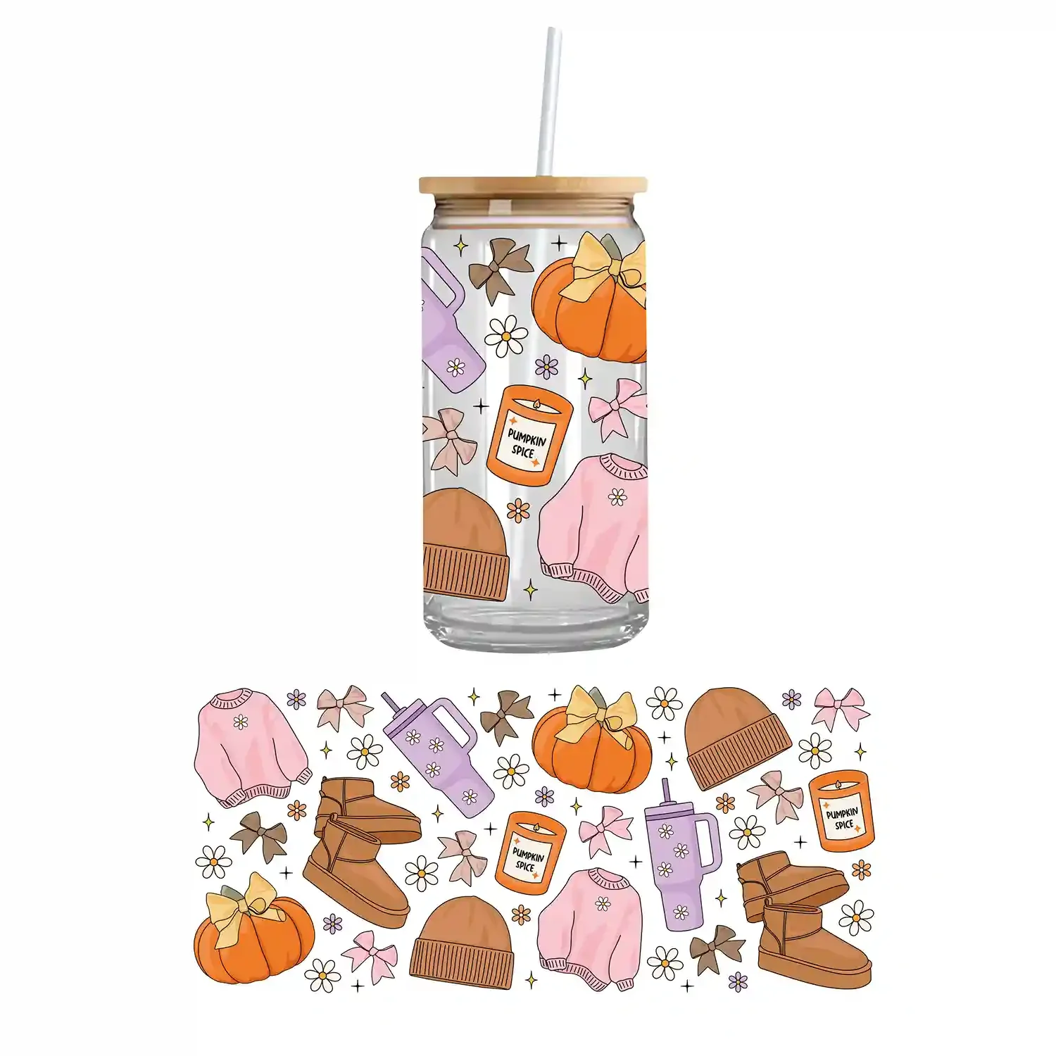 Autumn-themed cupwrap with boots, tumblers, and candles – fun seasonal UV DTF cupwrap design and ready-to-press cup stickers.