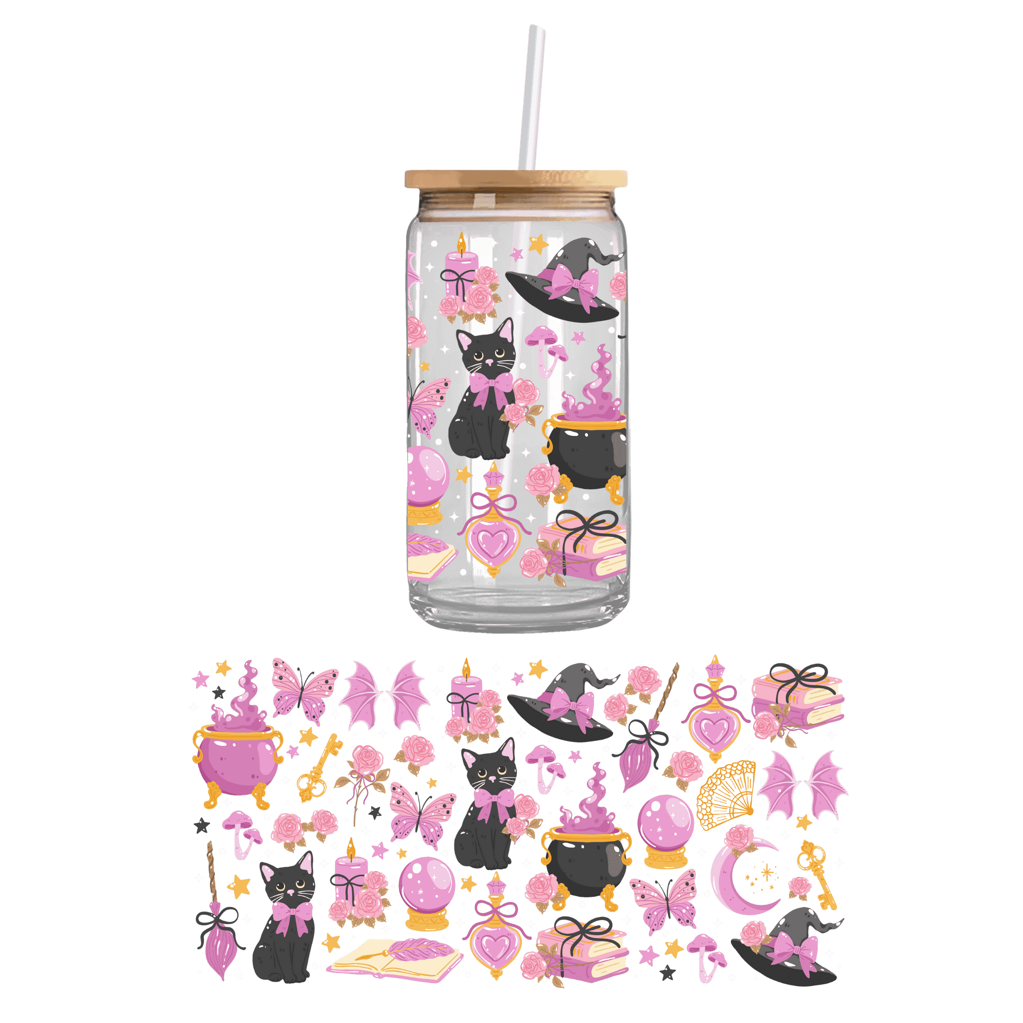 Magical cat with potions and a cauldron on a double sided UV DTF cupwrap – whimsical custom uvdtf cup stickers and Halloween-themed drinkware cupwrap.