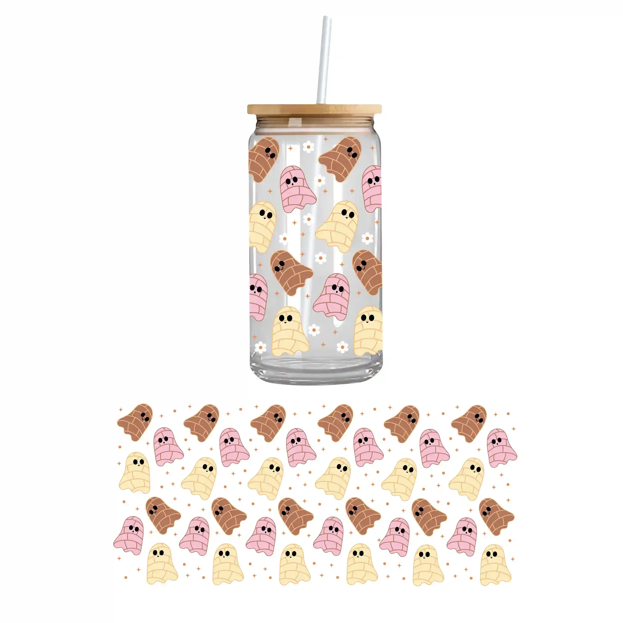 Double sided UV DTF cupwrap with Pan Dolces Ghosties design, custom uvdtf cup wrap for Libbey 16oz and 20oz glass cups, cute Halloween drinkware sticker.