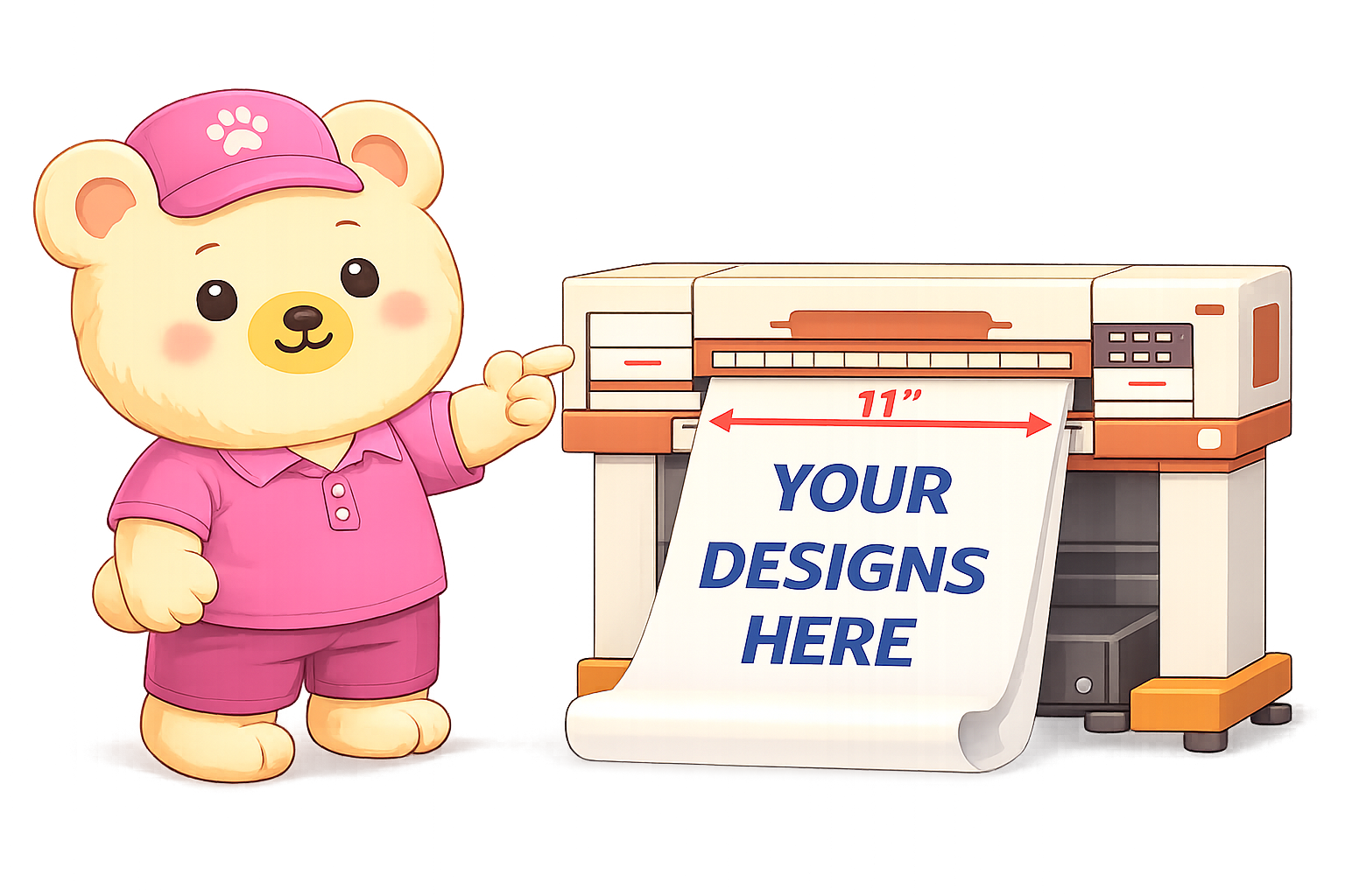 Cartoon bear character wearing pink cap and outfit pointing to a large printer with a design paper indicating 11-inch width for custom designs.