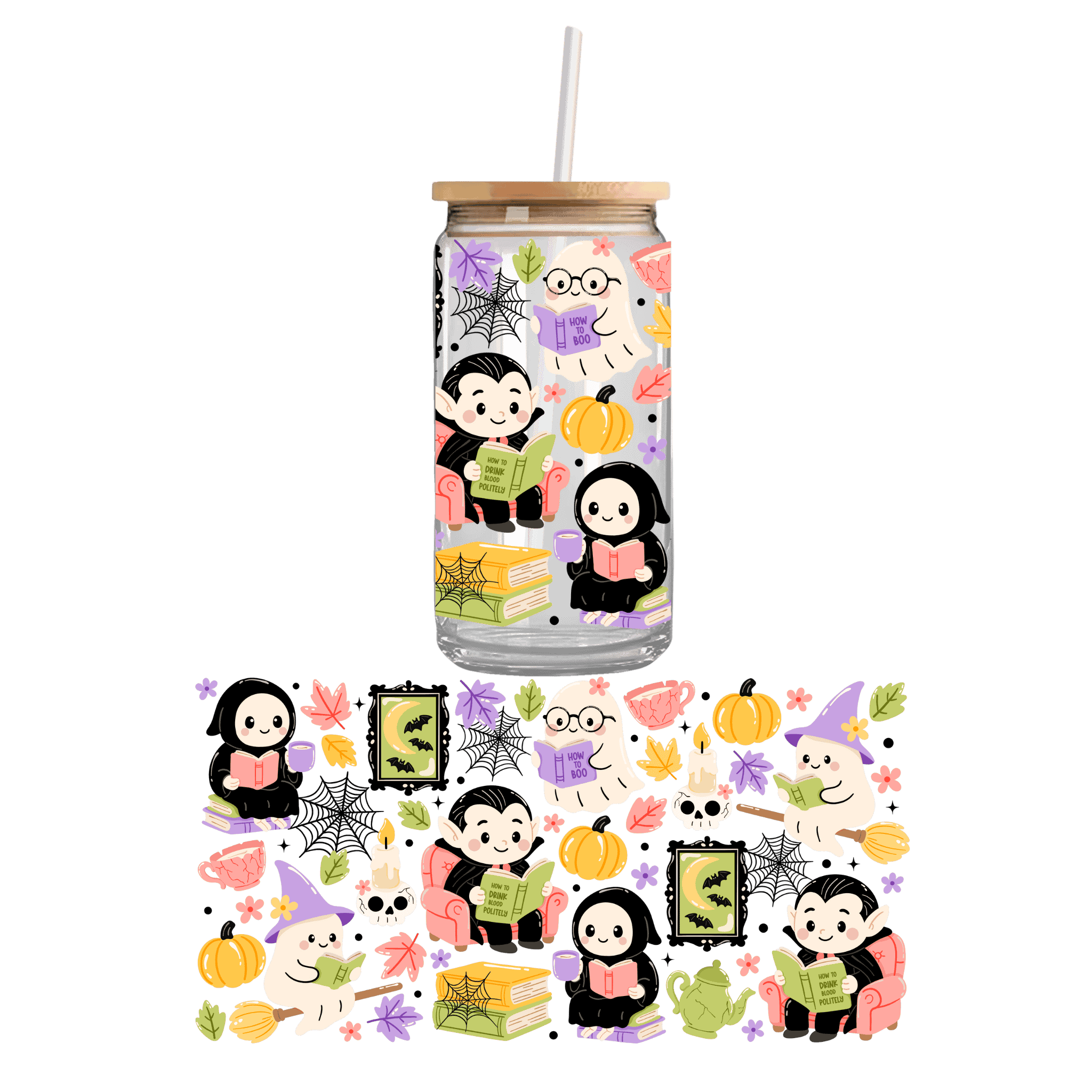 Ghoul Book Club design on a double sided UV DTF cupwrap – spooky custom uvdtf cup stickers and Halloween-themed cupwrap for drinkware.