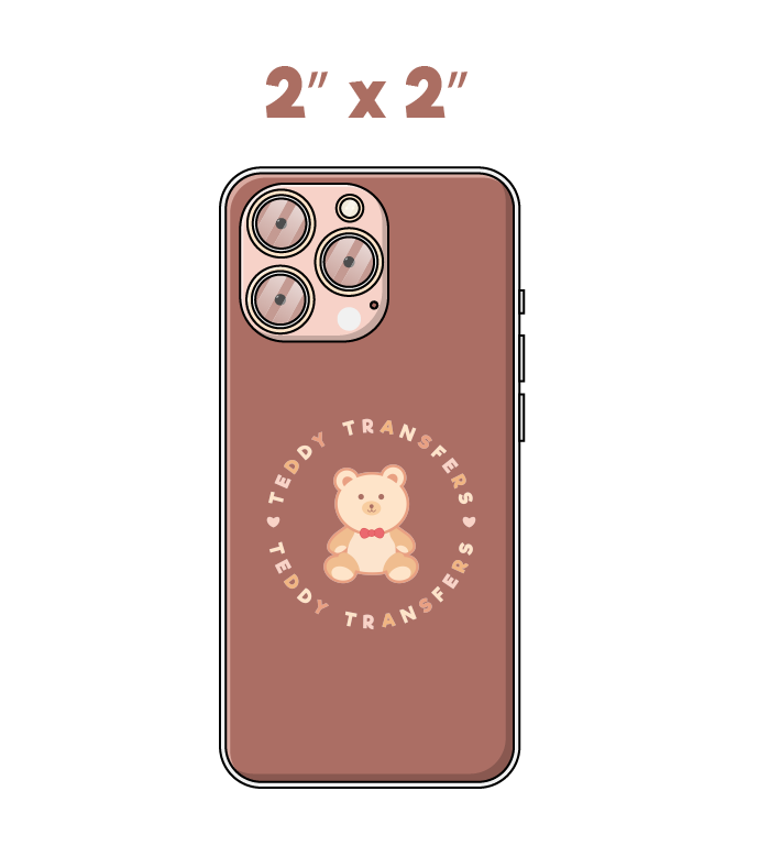 Illustrated phone case with teddy bear design and text 'Teddy Transfers,' sized 2x2 inches.