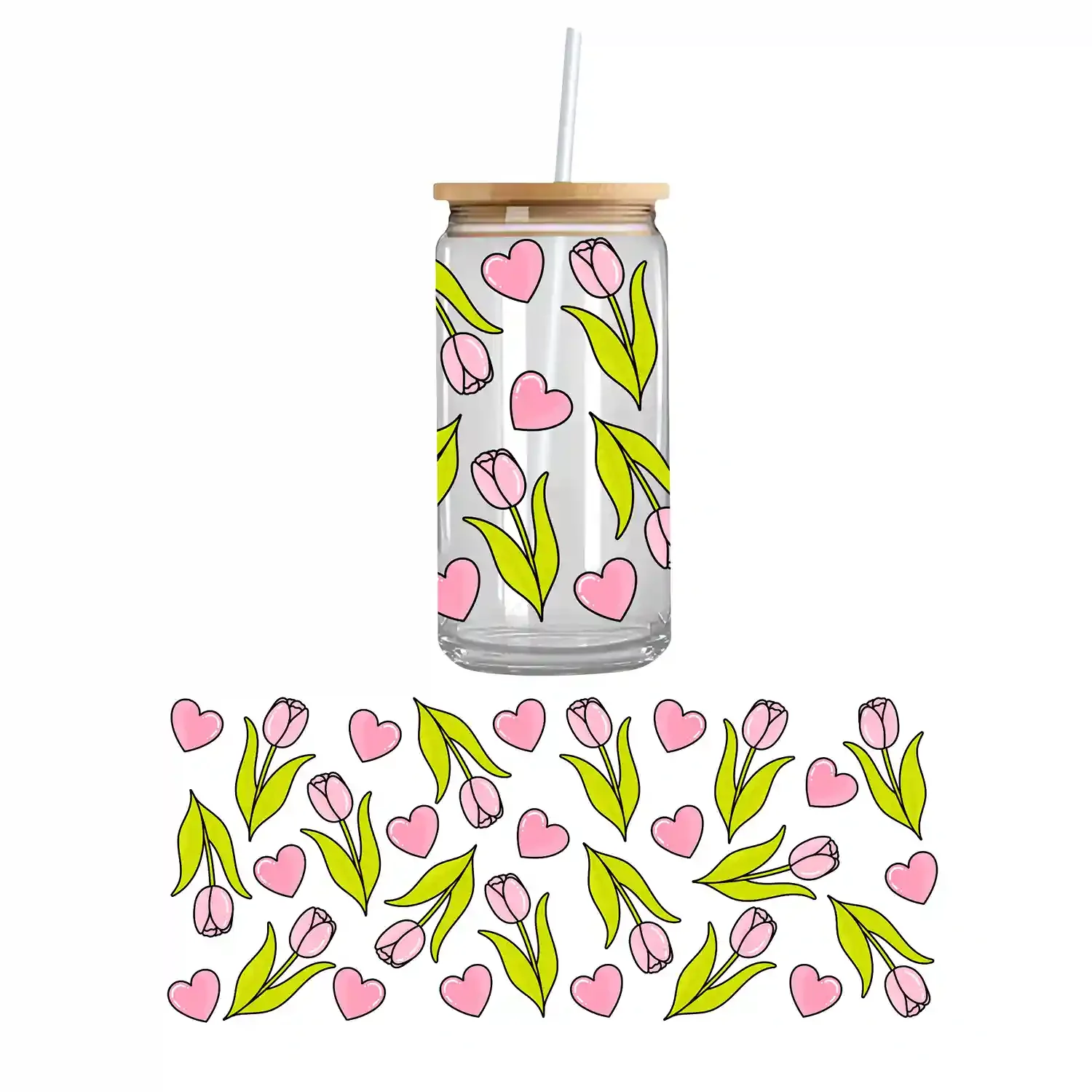 Bright tulips shaped like hearts on a UV DTF cupwrap – spring-themed cup stickers and vibrant custom cupwrap design for tumblers and drinkware.
