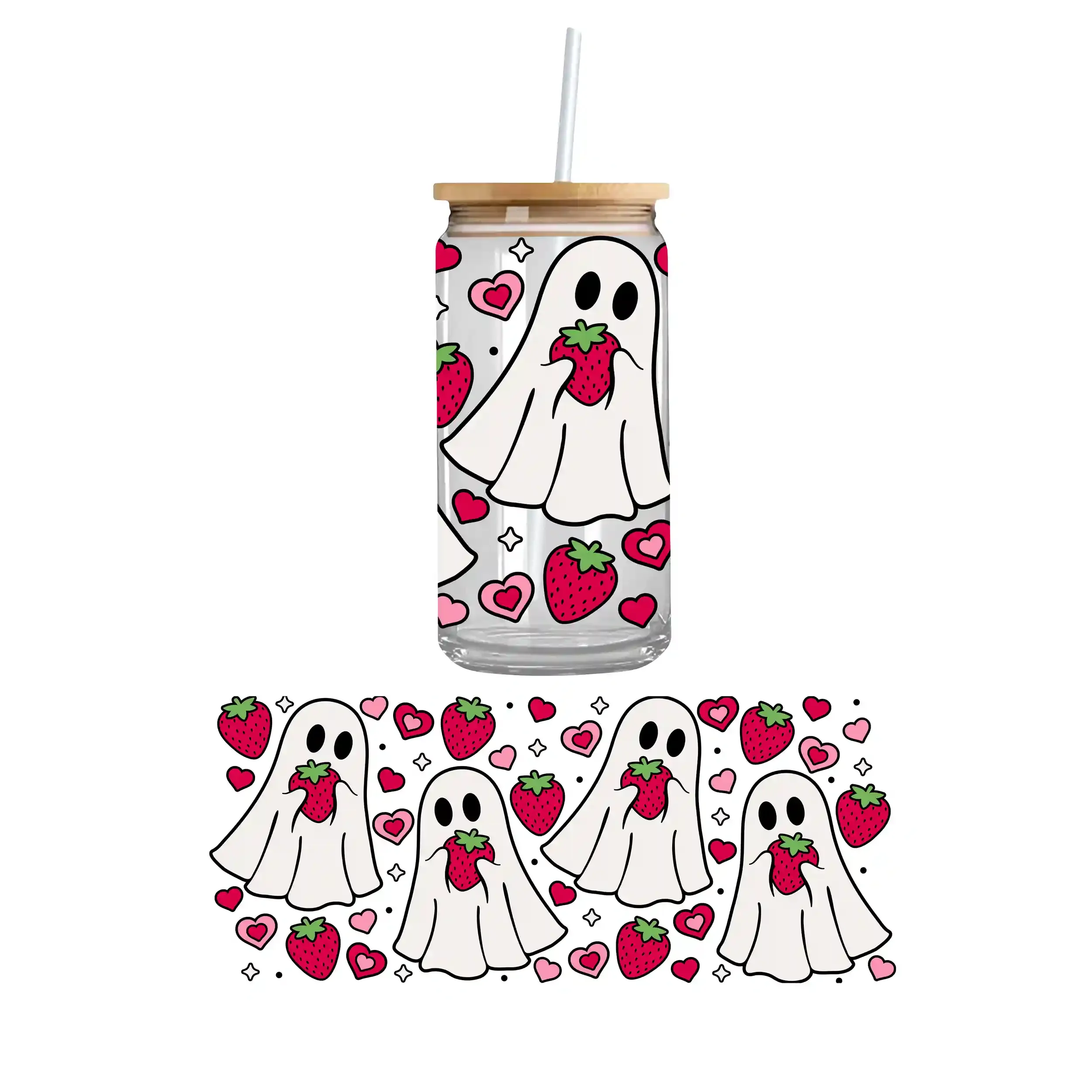 Custom UV DTF cupwrap featuring strawberries and cute ghosts – fun cupwrap stickers for seasonal drinkware and custom UV DTF designs.