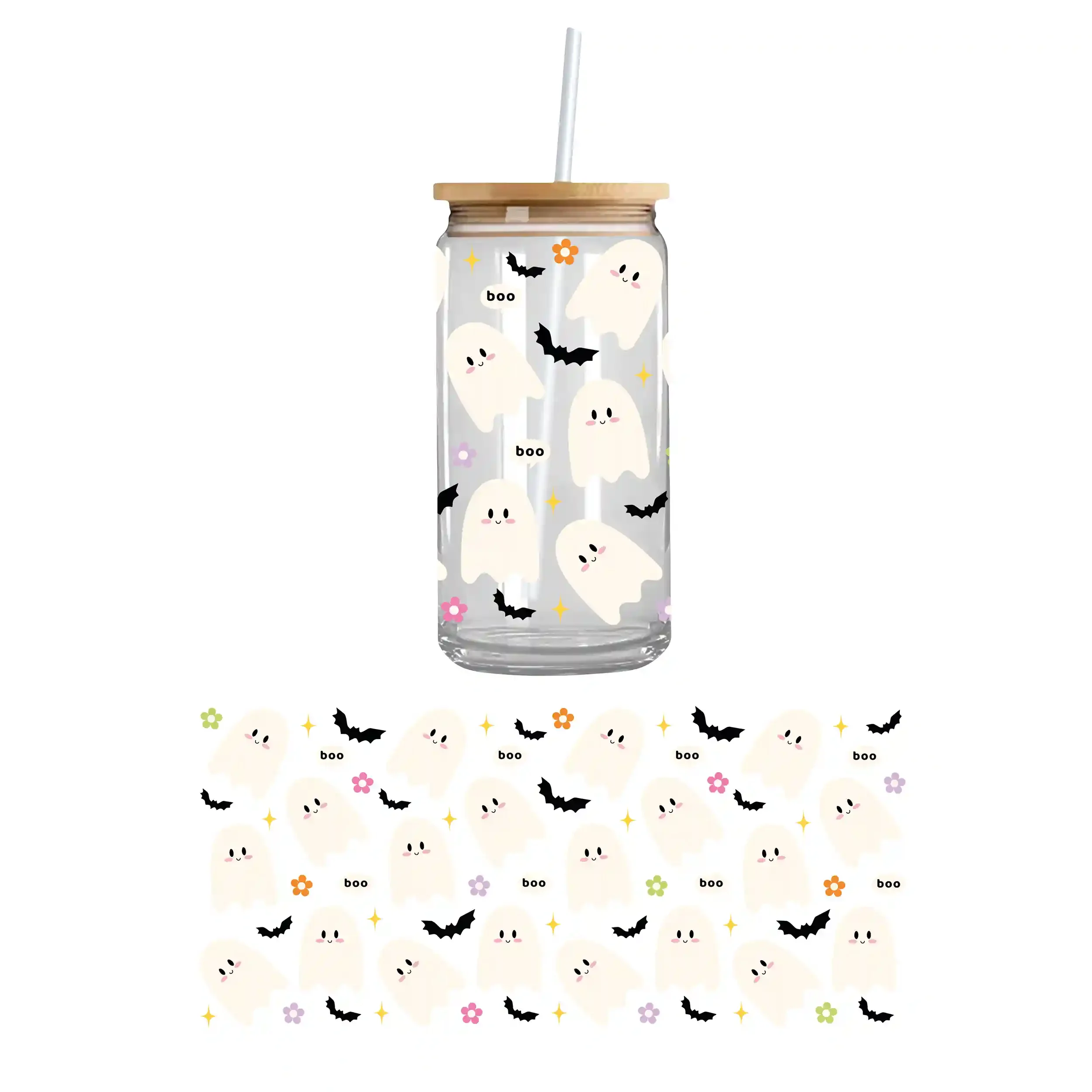 Custom UV DTF cupwrap featuring ghosts and bats – double sided UV DTF cup wrap sticker for spooky Halloween drinkware and cup wraps.