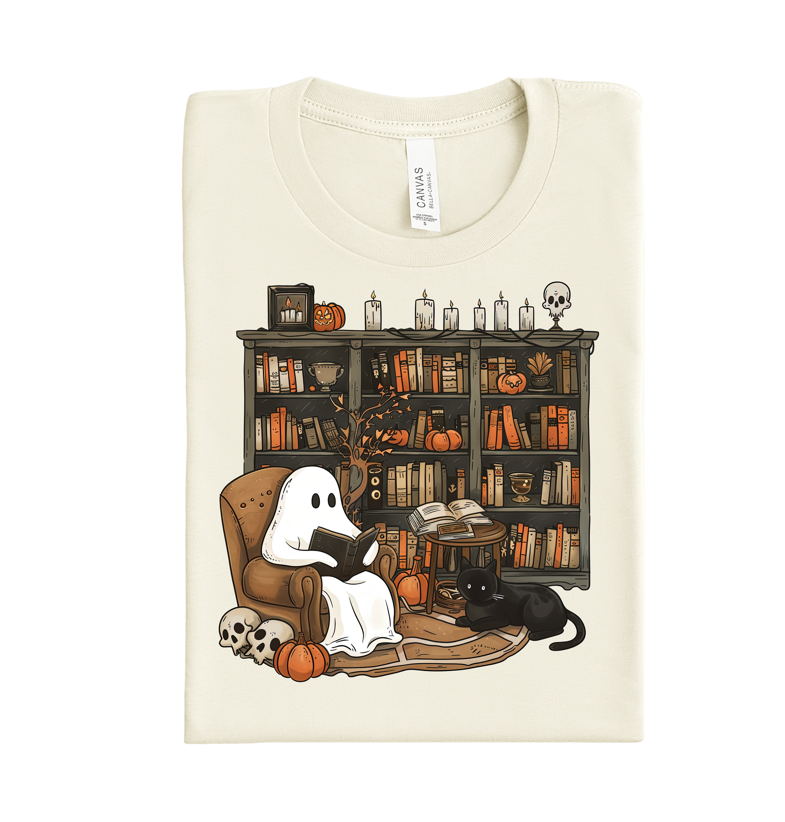 Ghost reading in a bookstore DTF transfer, custom Halloween heat transfer ready to press for shirts, hoodies, and cozy fall apparel.