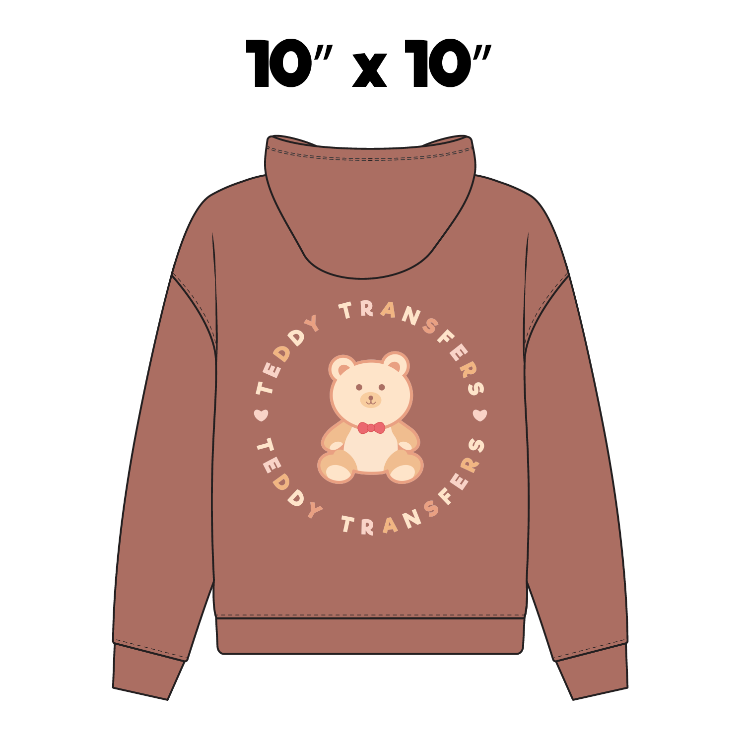 Back view of a brown hoodie with a teddy bear graphic and 'Teddy Transfers' text