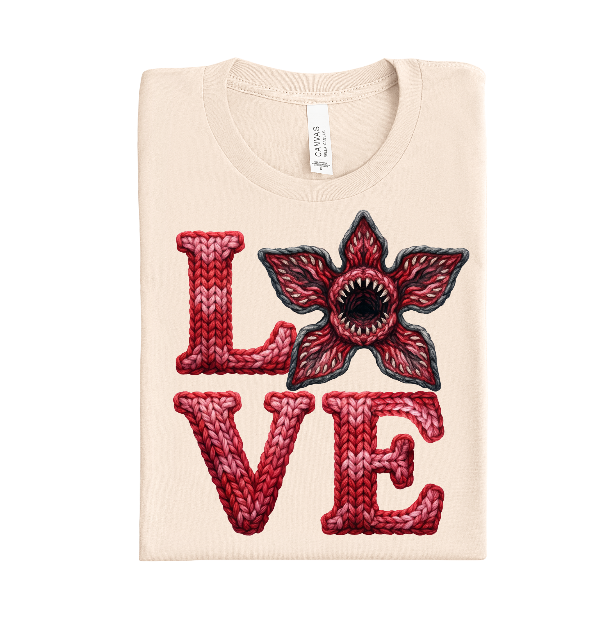 Knitted Love DTF transfer featuring cozy knit-style lettering, ready-to-press heat transfer for shirts, hoodies, and casual apparel.