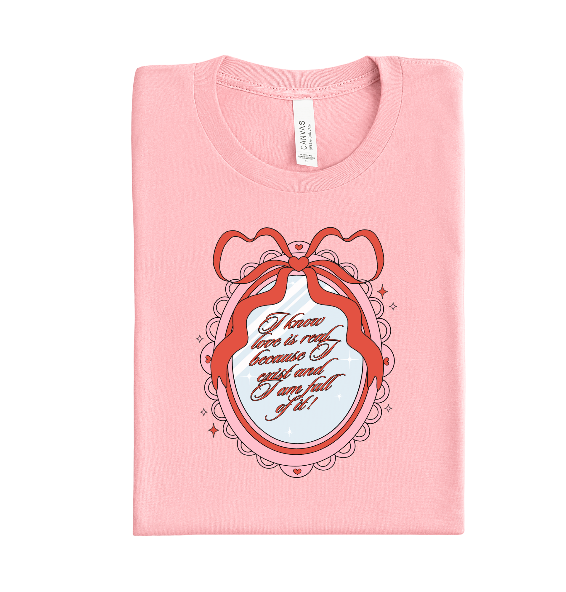 Trendy red mirror design with "Love Is Real" text – Valentine’s DTF transfer for heat pressing on shirts, sweatshirts, and custom projects.