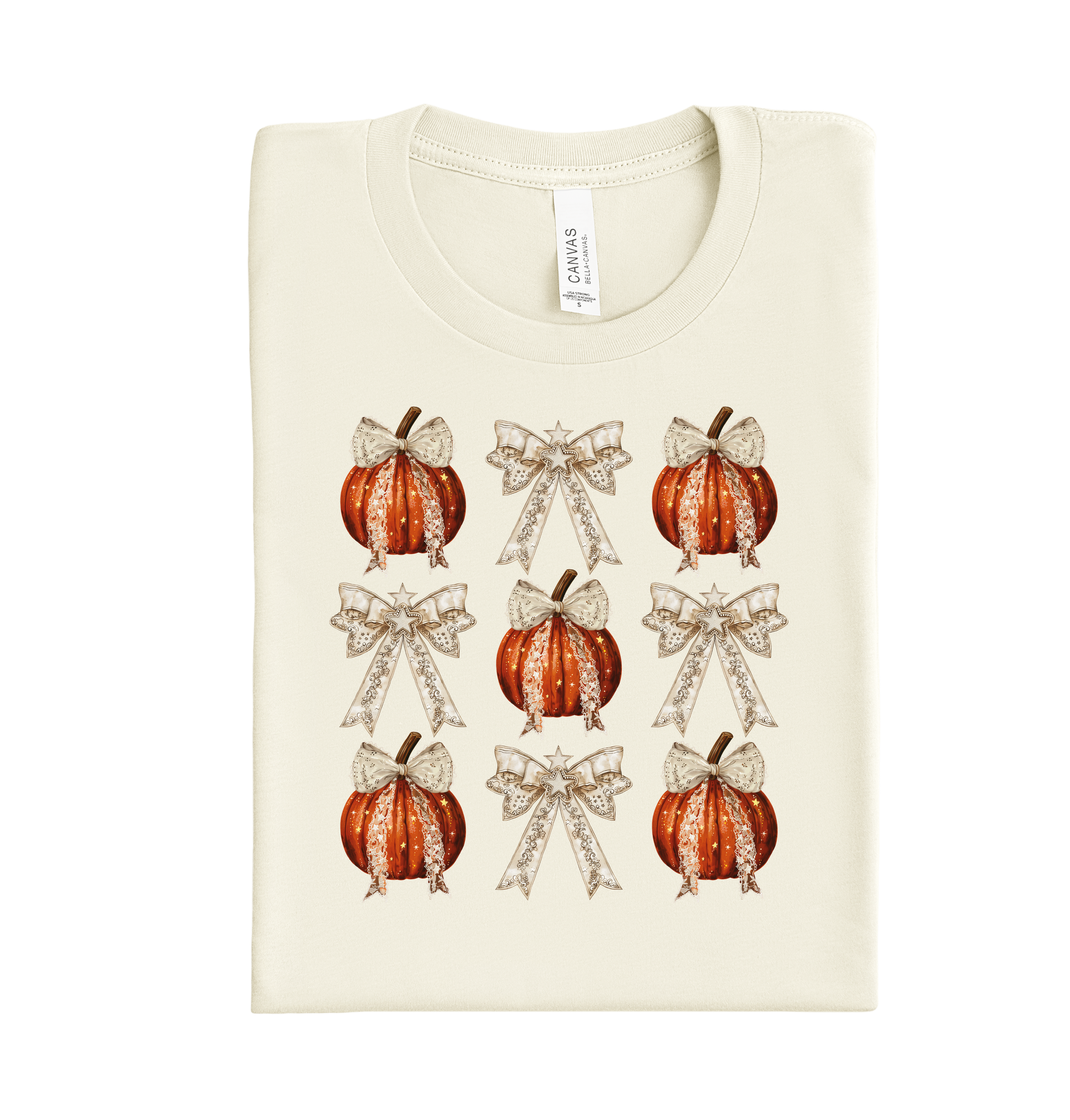Sparkly pumpkin with bows DTF transfer, custom fall heat transfer ready to press for shirts, hoodies, and seasonal autumn apparel.