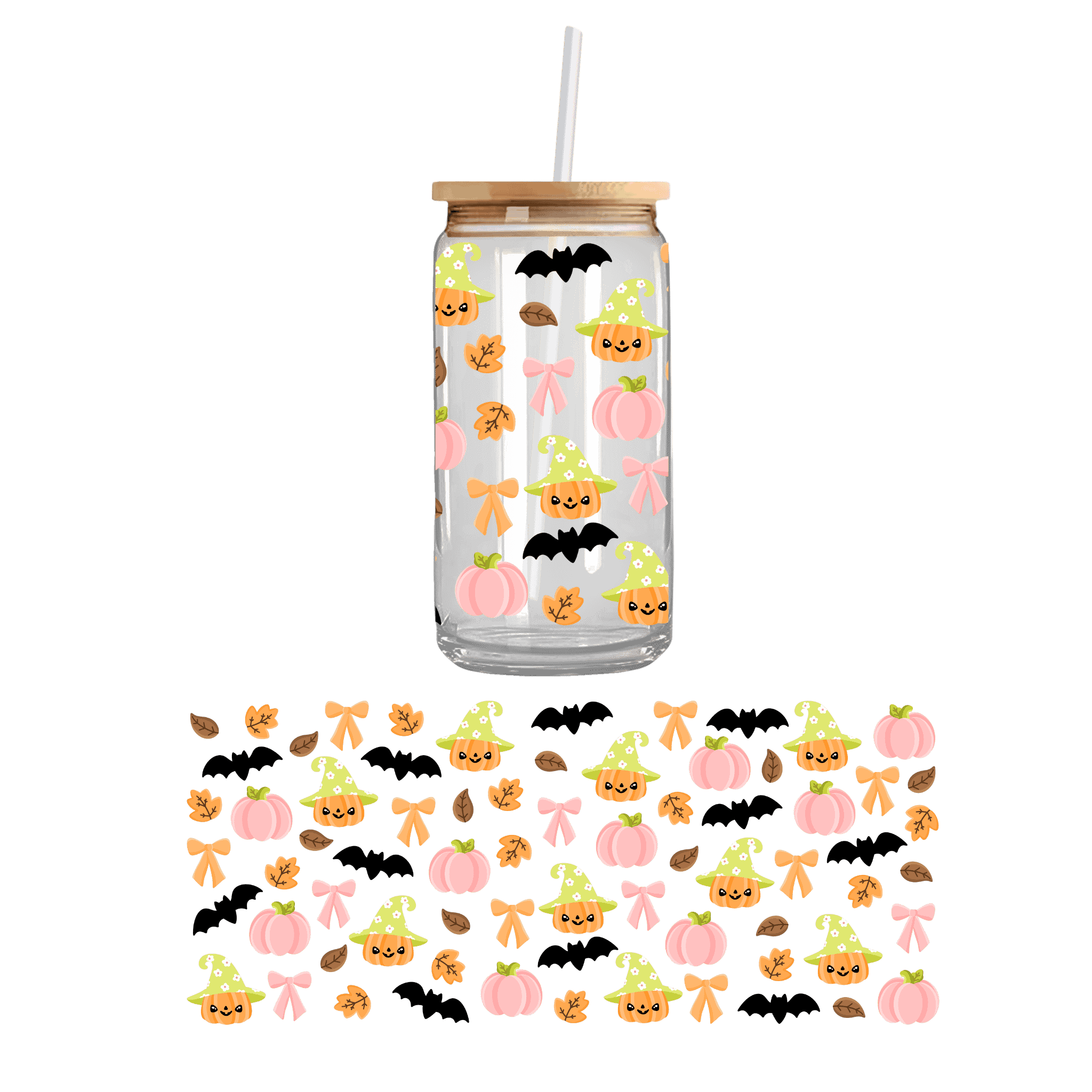 Spooky ghoulish pumpkin on a double sided UV DTF cupwrap – fun custom uvdtf cup stickers and Halloween-themed cupwrap for seasonal drinkware.