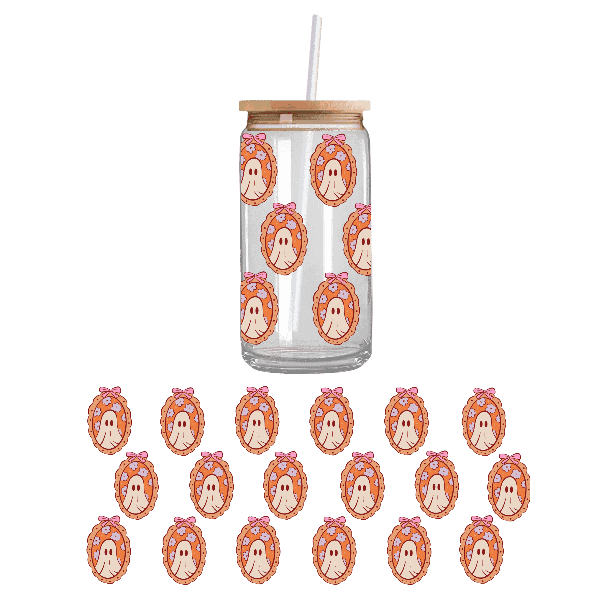 Cute ghost inside a decorative picture frame on a double sided UV DTF cupwrap – charming custom uvdtf cup stickers and Halloween-themed cupwrap for drinkware.