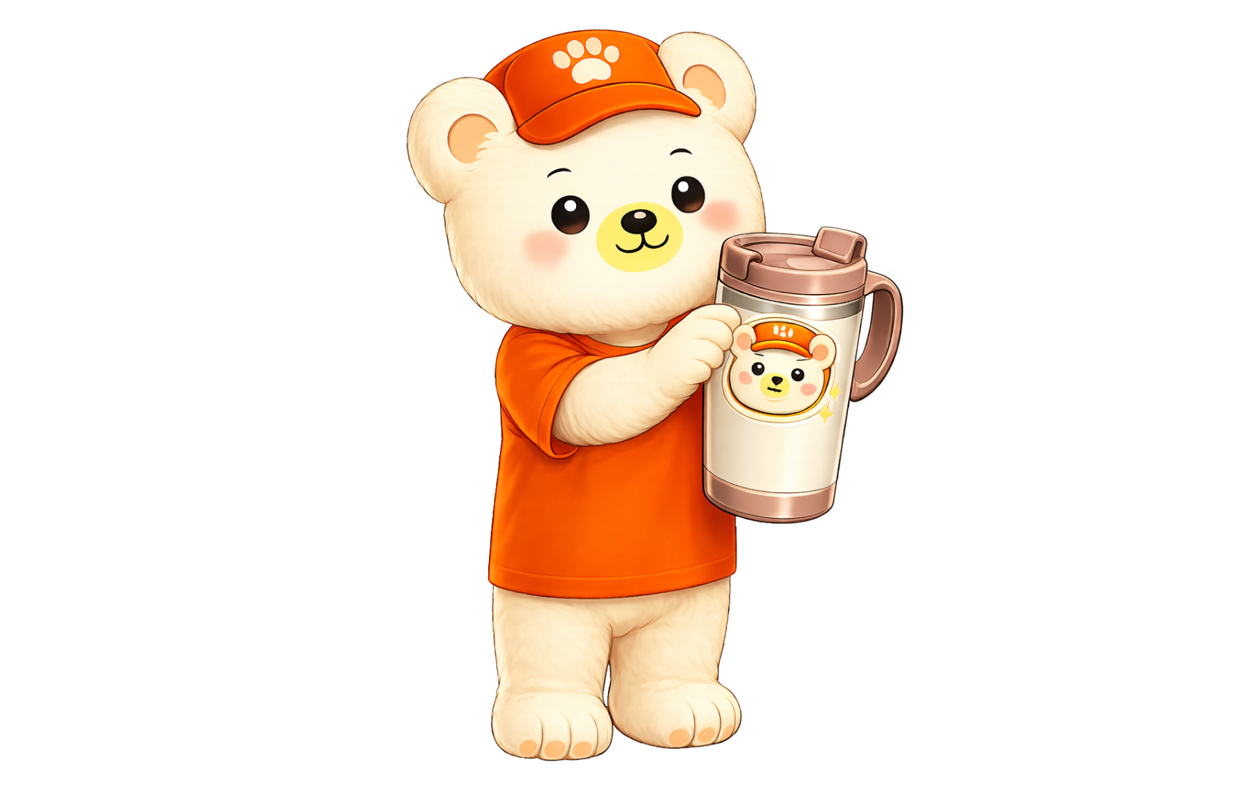 A cute animated bear character wearing an orange shirt and cap holding a reusable cup with a bear logo. The bear has a friendly expression and is standing upright.