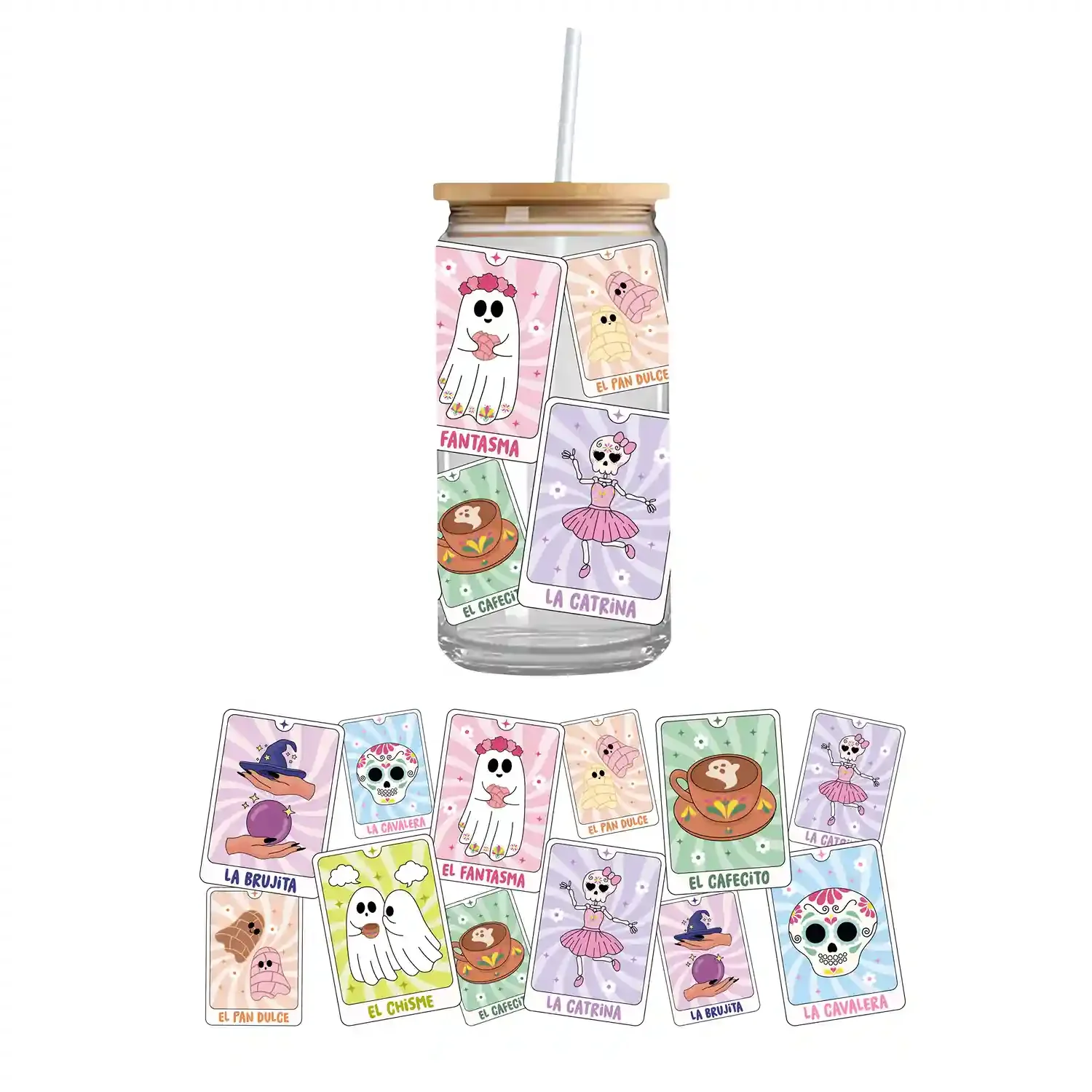 Mystical tarot cards design on a UV DTF cupwrap – ready-to-press cupwrap stickers and custom drinkware design for magical seasonal projects.