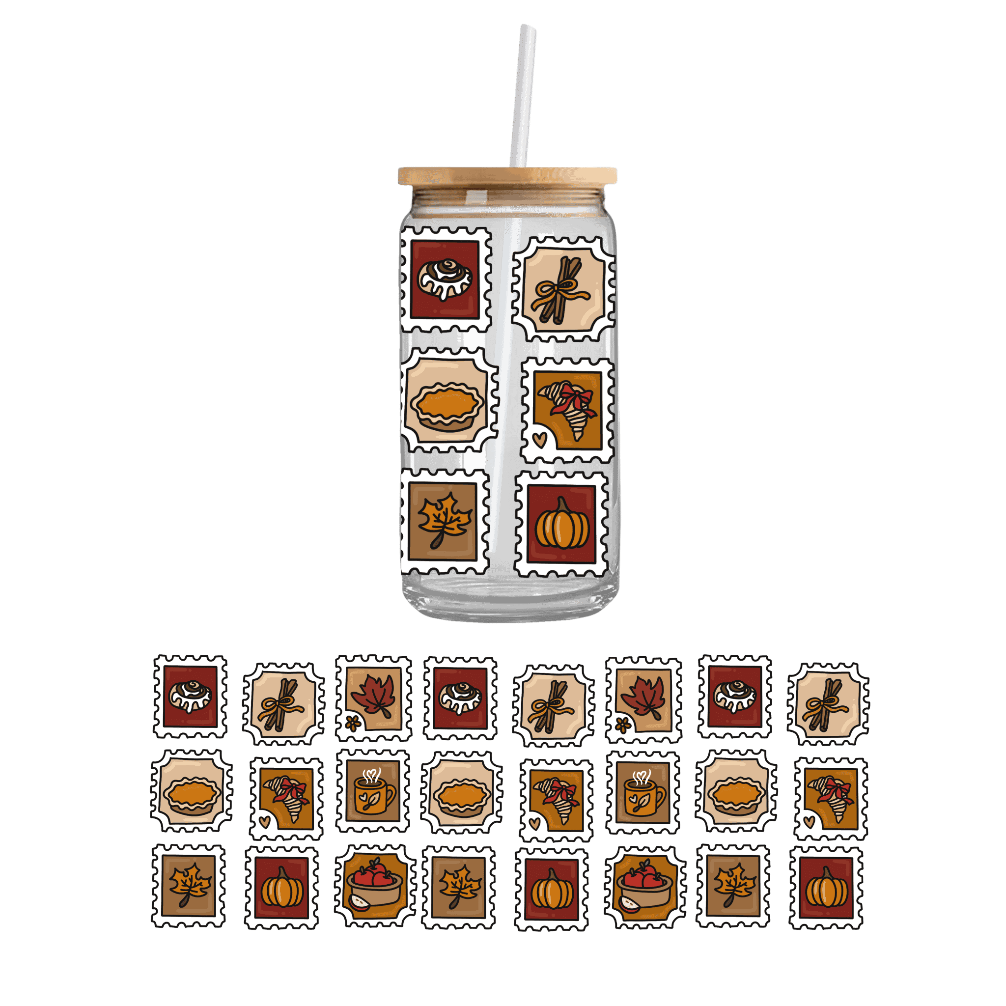 Autumn-themed fall stamps design on a double sided UV DTF cupwrap – custom uvdtf cup stickers and seasonal decorative cupwrap for drinkware.
