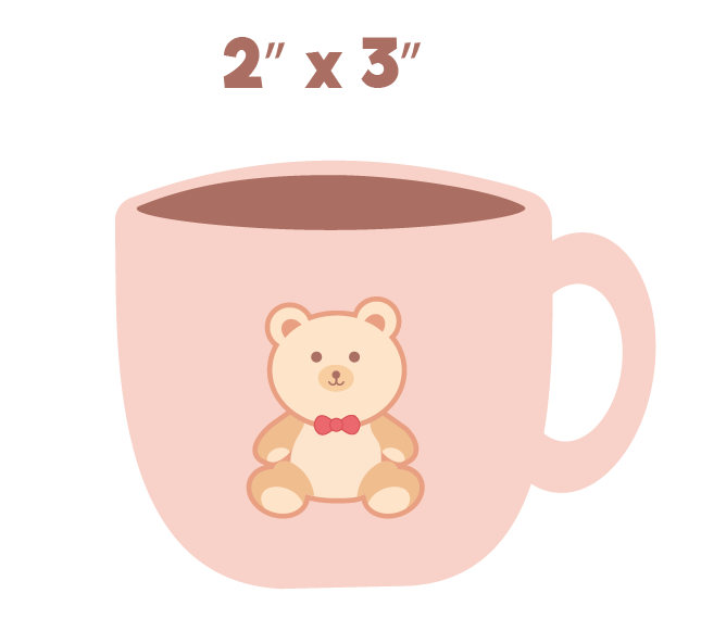 Illustration of a pink coffee mug with a bear graphic and dimensions 2 by 3 inches above it.