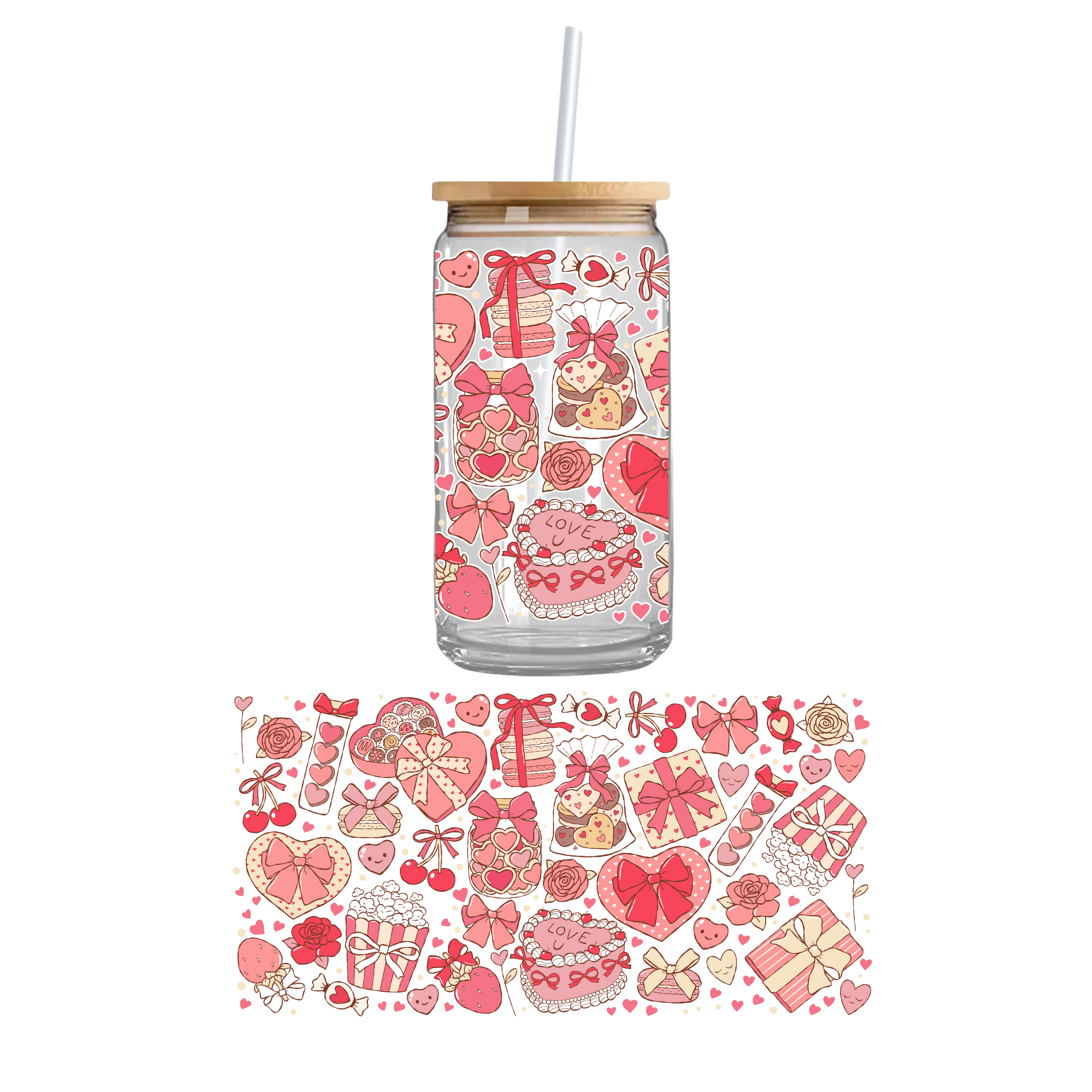 Valentine sweet treats UV DTF transfer with candy and dessert themed design, full color decal