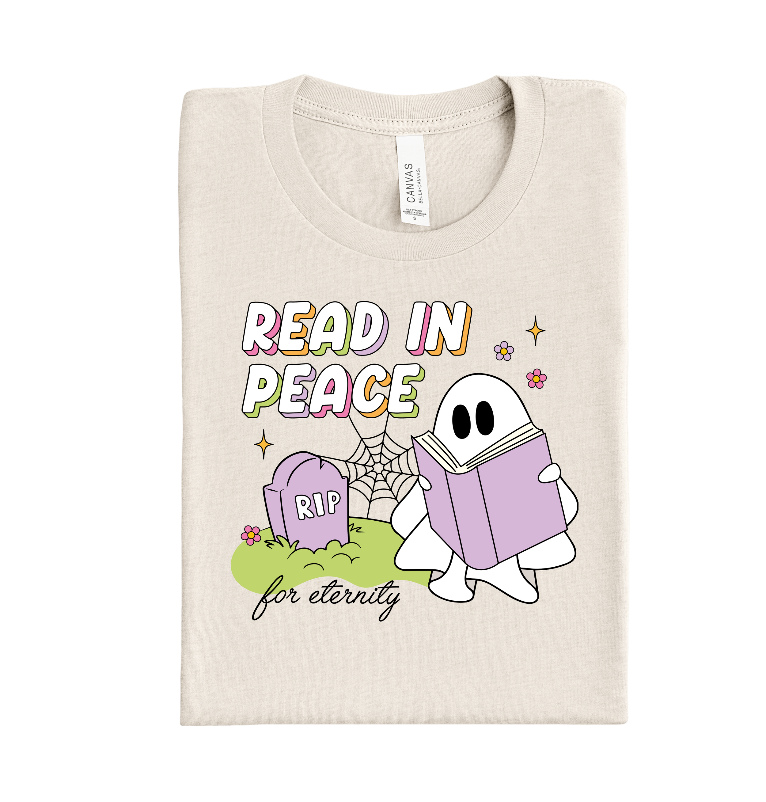 Custom DTF transfer featuring a ghost reading a book with "Read In Peace Eternity" text – heat transfer design for shirts, bags, and gang sheets.
