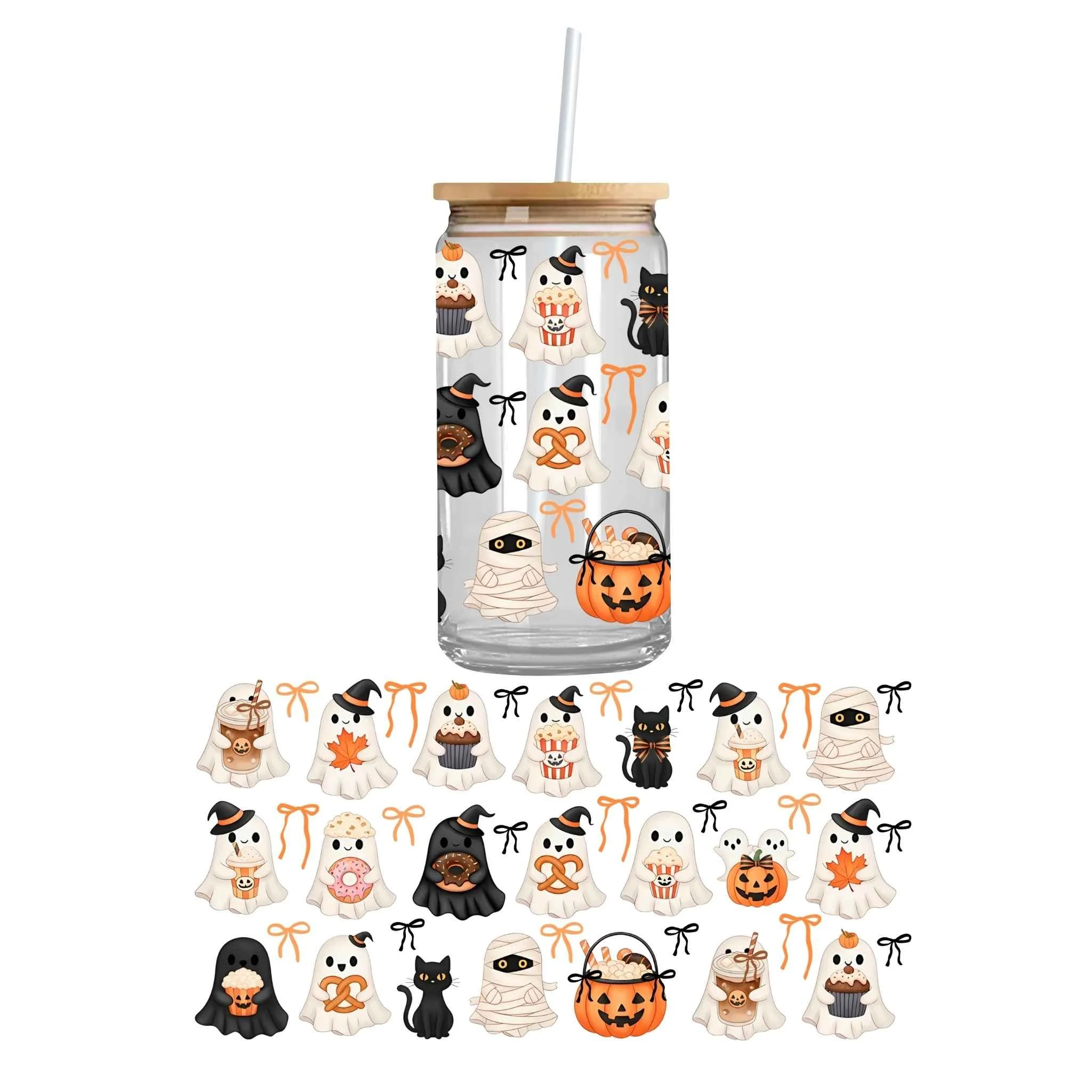 Custom UV DTF cupwrap with cute ghosties holding pretzels and donuts – durable double sided UV DTF cup wrap sticker for seasonal drinkware.