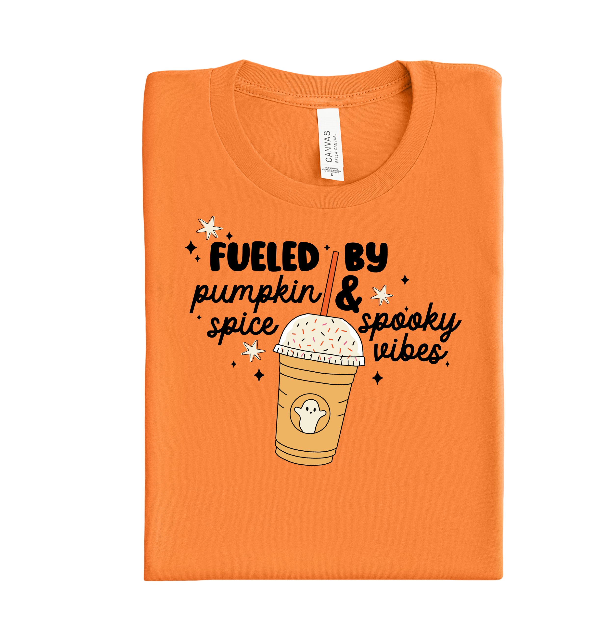Fueled by Pumpkin Spice custom DTF transfer – fast shipping, custom gang sheets, quick turnaround