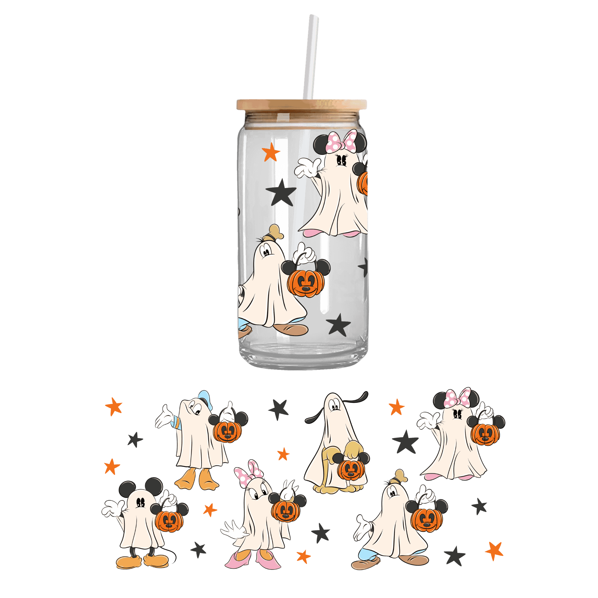 Characters dressed in ghost sheets on a double sided UV DTF cupwrap – cute custom uvdtf cup stickers and Halloween-themed cupwrap for seasonal drinkware.