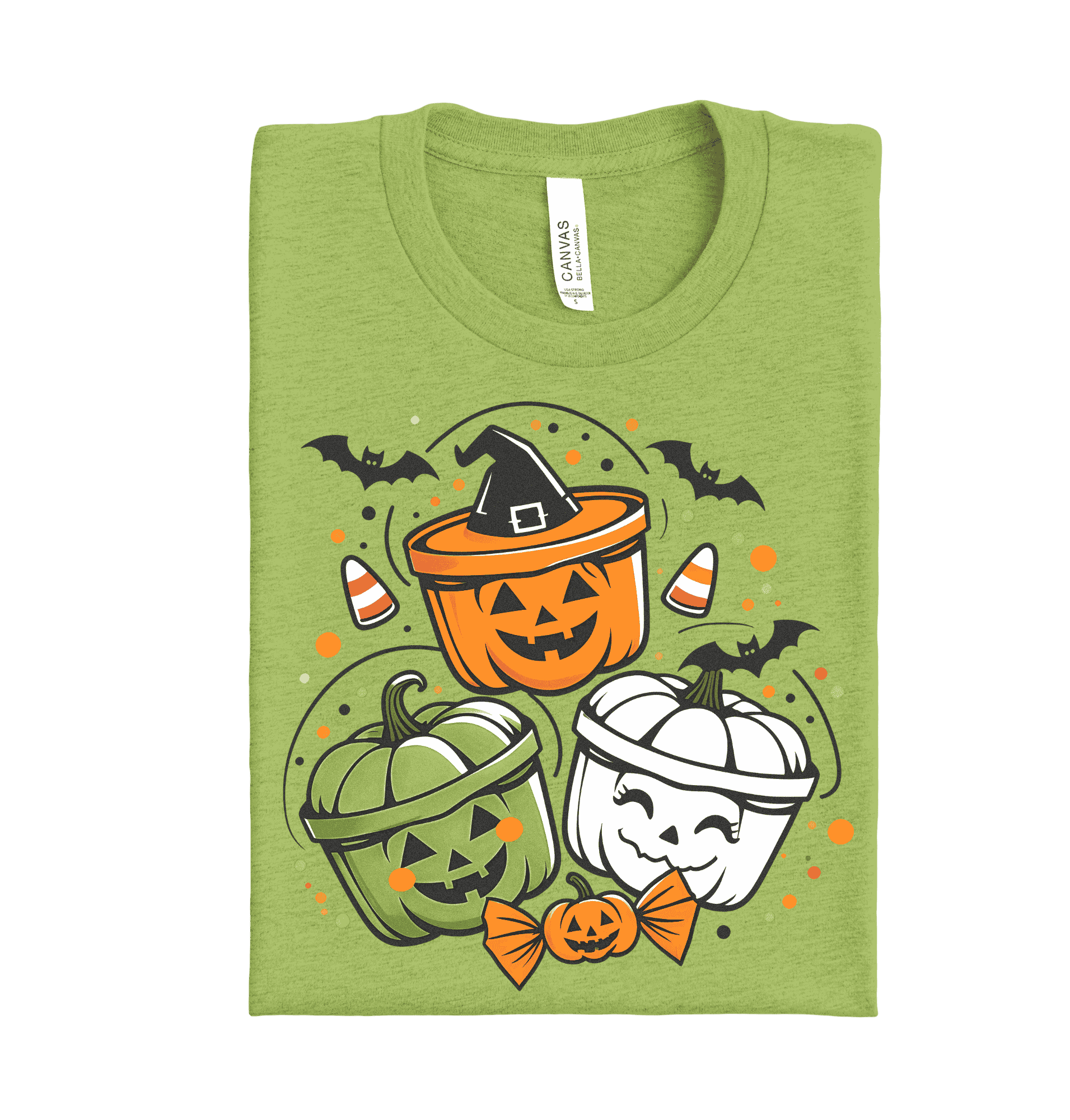 Trick or Treat buckets DTF transfer, custom Halloween heat transfer ready to press for shirts, hoodies, and spooky fall apparel.