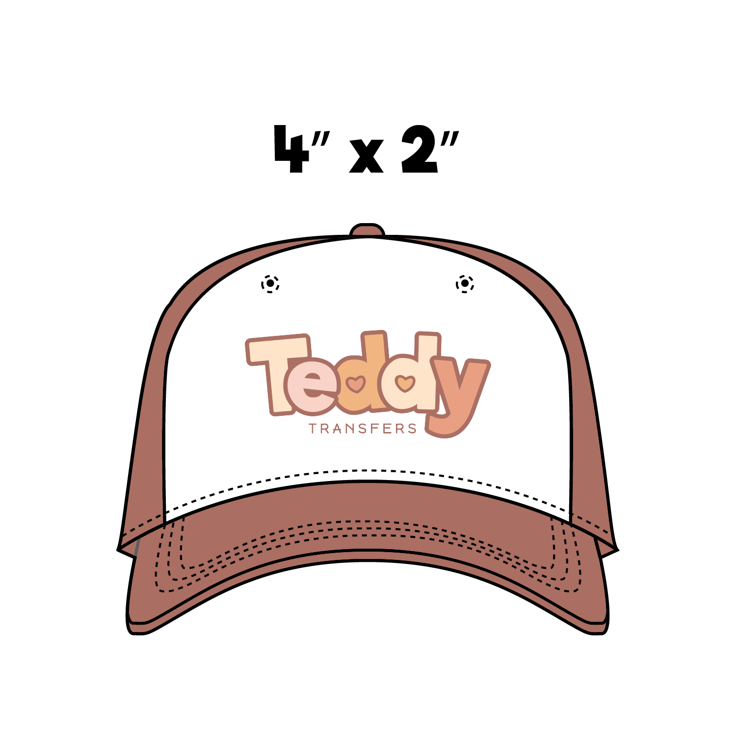 Illustration of a brown and white cap with "Teddy Transfers" logo, measuring 4 by 2 inches.