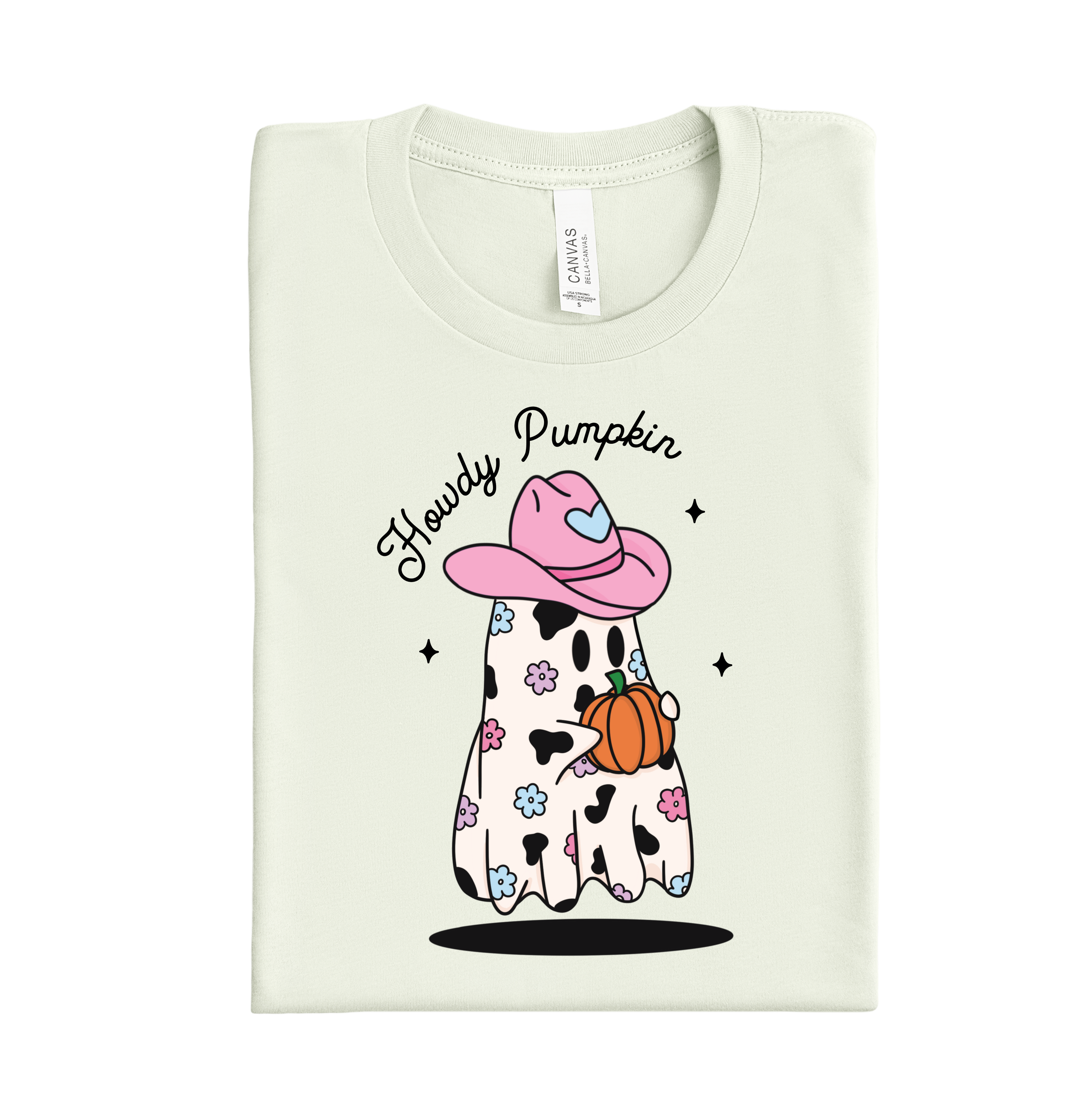 Ghosty in a western hat with Howdy Pumpkin text DTF transfer, custom heat transfer design ready to press for shirts, hoodies, and fall Halloween apparel.