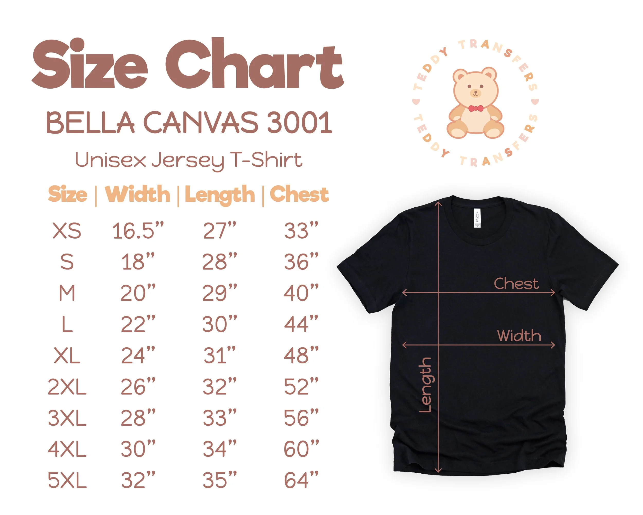 Bella Canvas 3001 t-shirt size chart for DTF transfer print dimensions