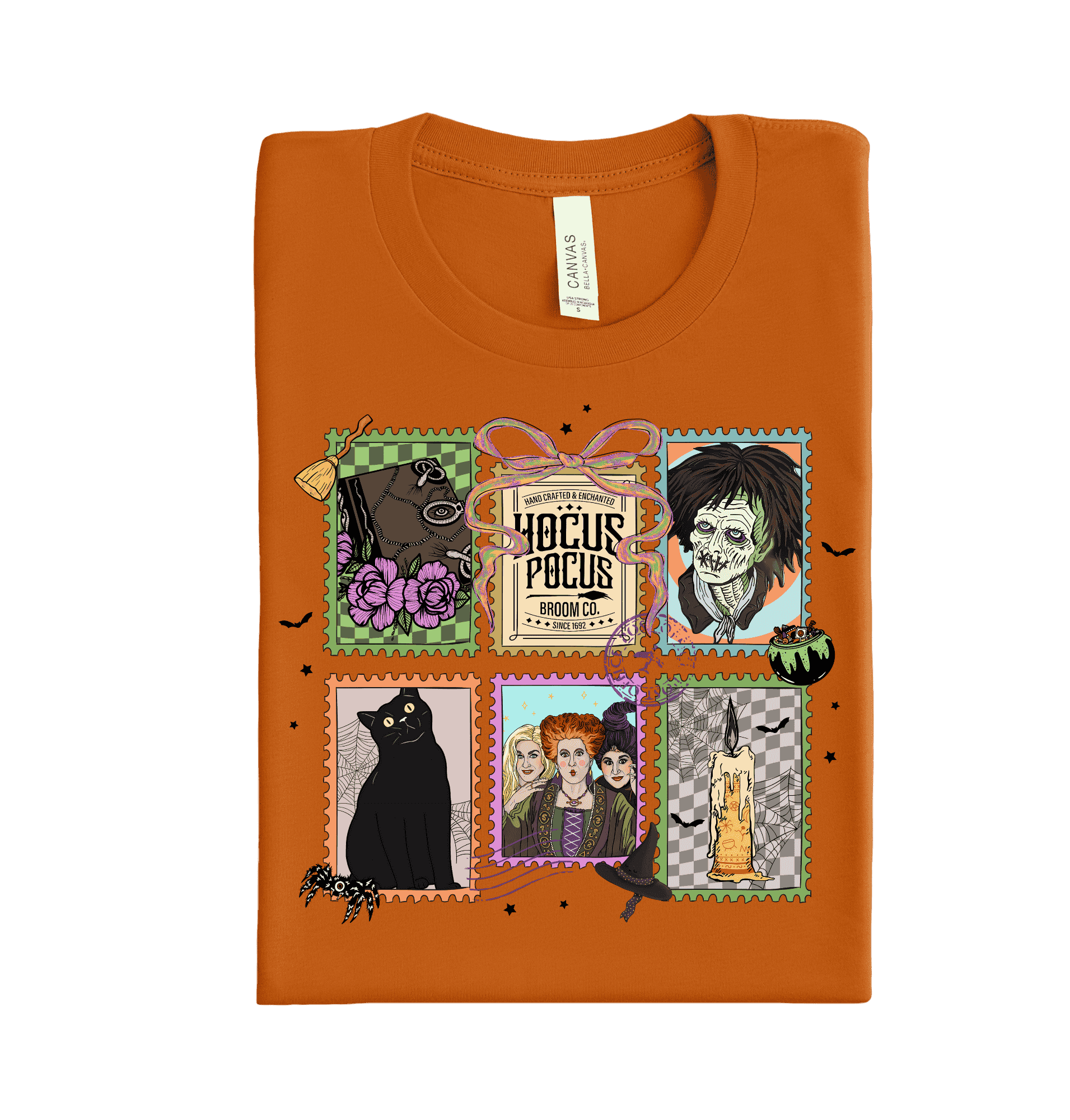 Hocus Pocus Halloween design on a DTF heat transfer – whimsical custom dtf transfers and ready-to-press heat transfers for apparel or seasonal projects.