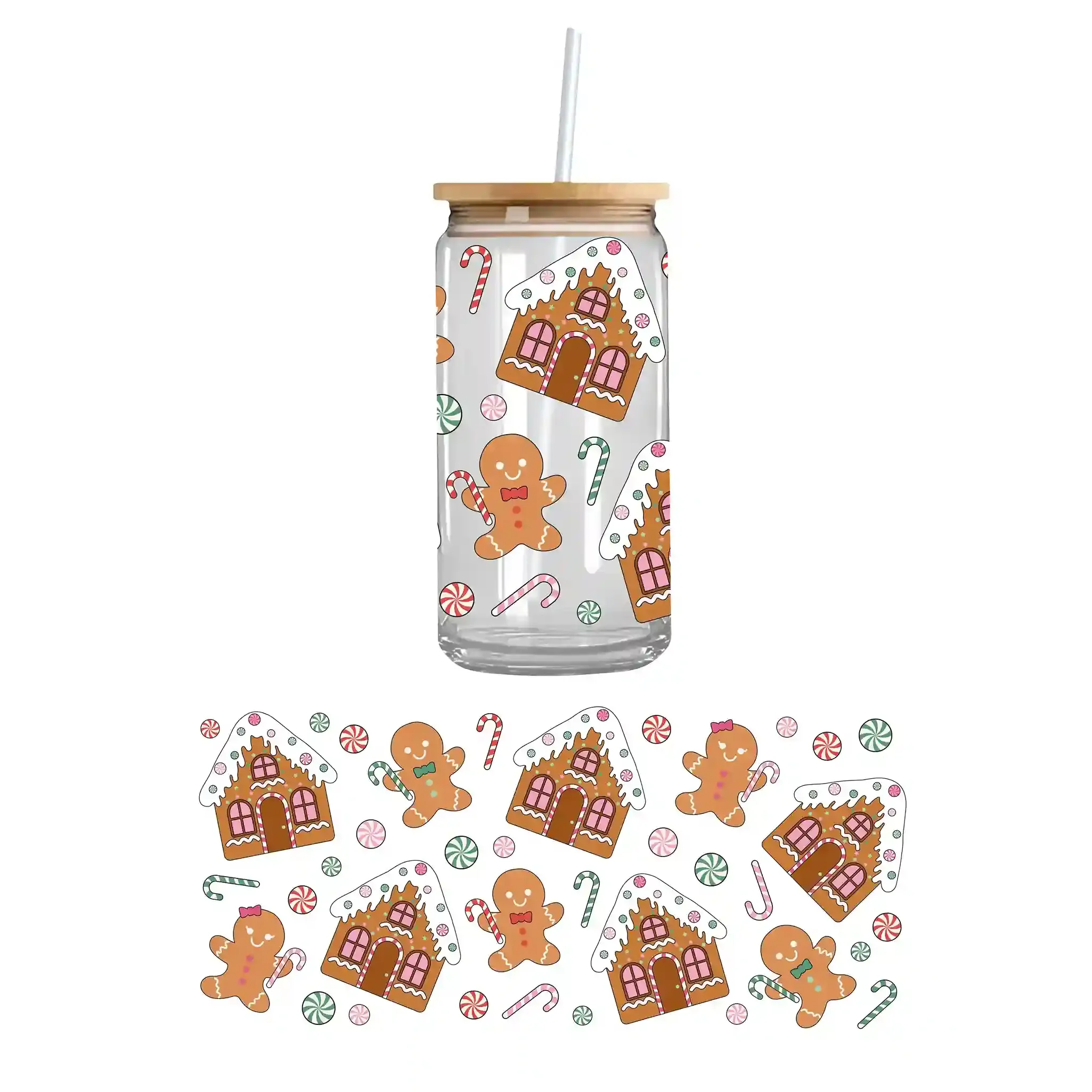 Festive gingerbread house on a double sided UV DTF cupwrap – charming custom uvdtf cup stickers and holiday-themed cupwrap for seasonal drinkware.