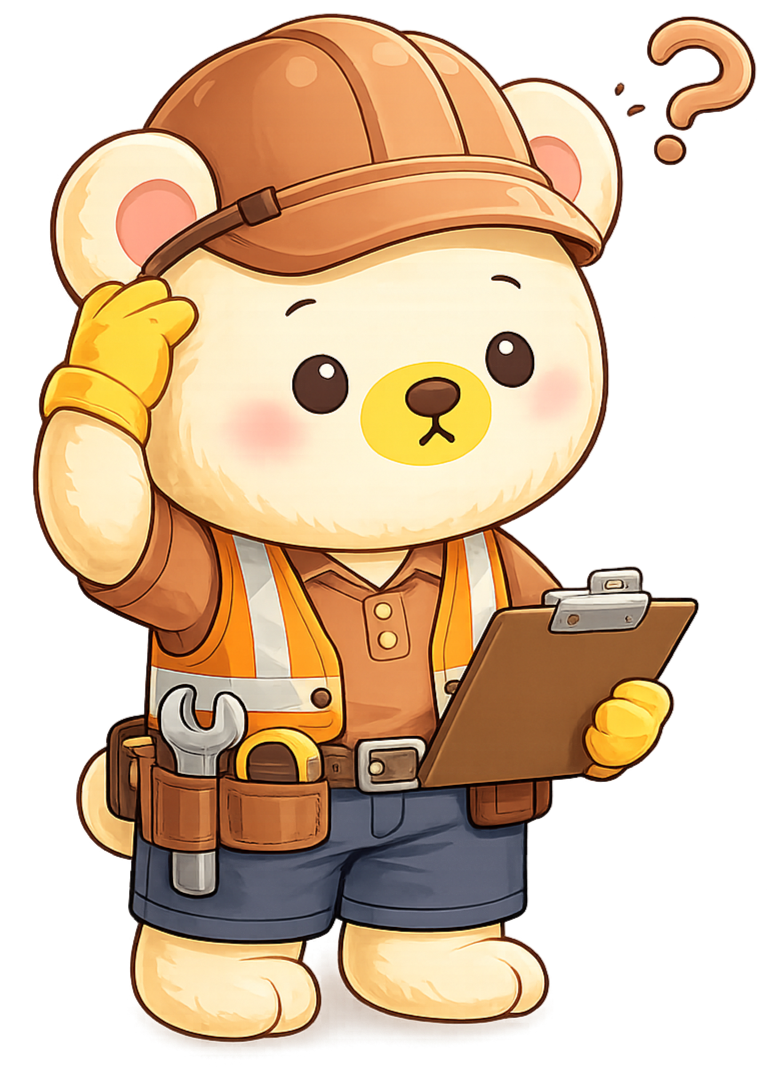 Cute cartoon bear dressed as a construction worker with a helmet, tool belt, and clipboard, scratching its head with a question mark above.