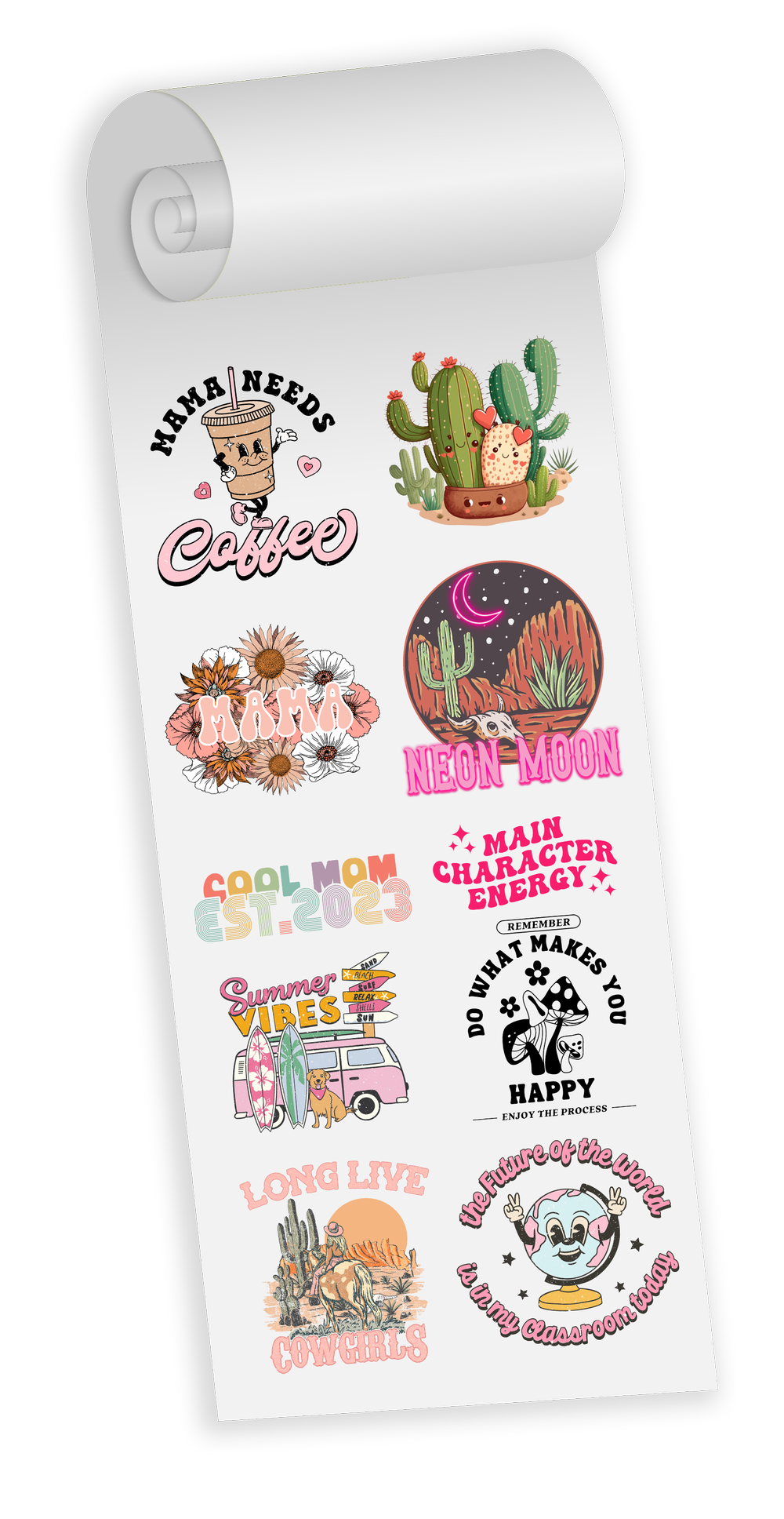 Sheet of colorful stickers with various designs, including a coffee cup with legs and arms, cacti, flowers, a neon moon, a camper van with surfboards, a cactus with a sunset, and cartoon characters, with motivational and fun quotes.