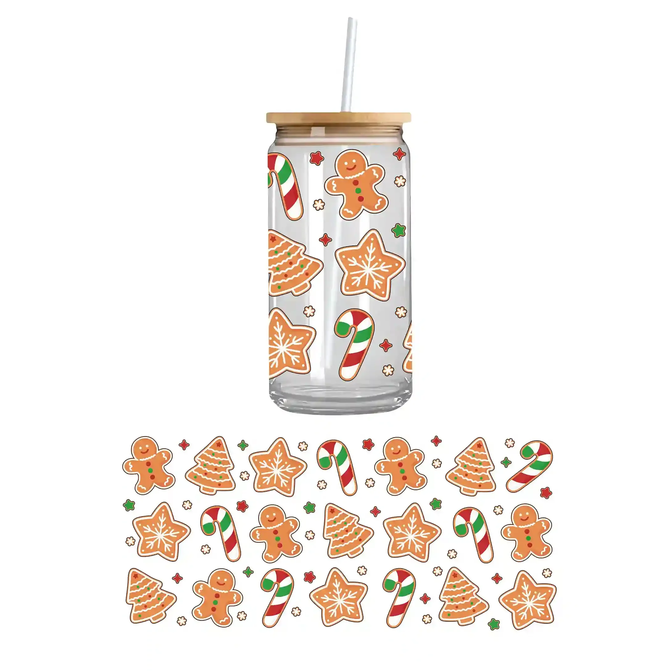 Adorable gingerbread cookies on a double sided UV DTF cupwrap – festive custom uvdtf cup stickers and holiday-themed drinkware cupwrap design.