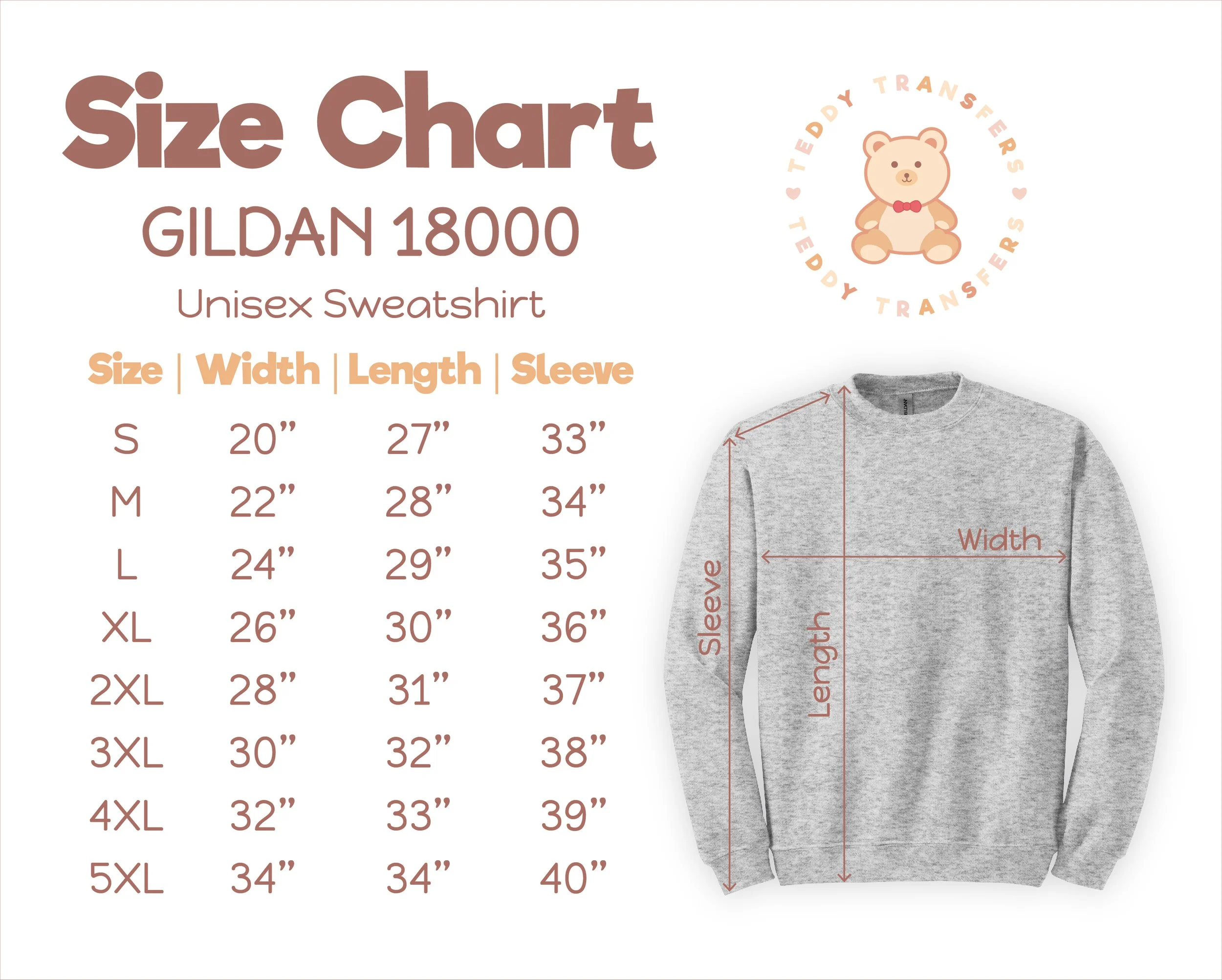 Gildan 18000 crewneck sweatshirt size chart for planning DTF transfer placement