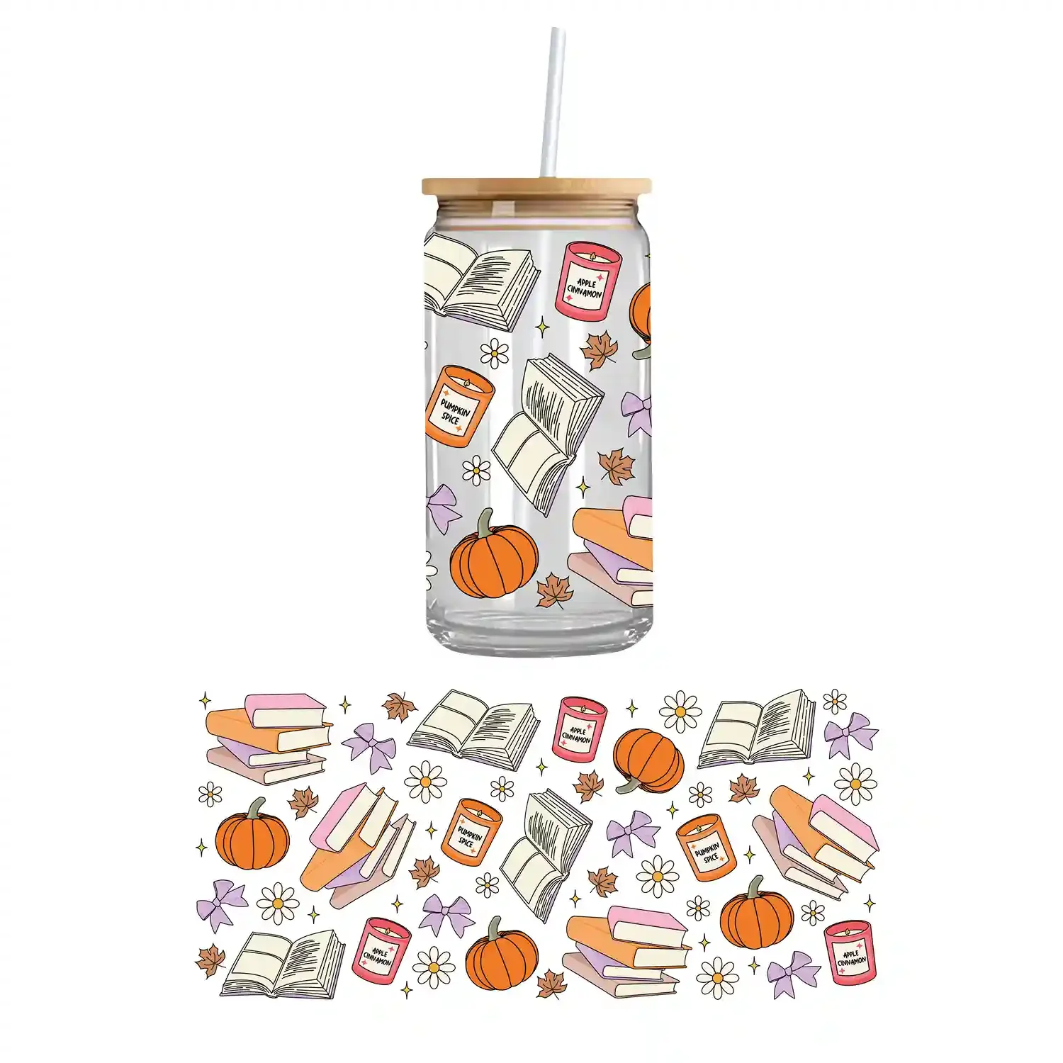 Cozy fall UV DTF cupwrap with pumpkins, candles, and stacked books – seasonal custom uvdtf stickers and decorative cupwraps for autumn drinkware.