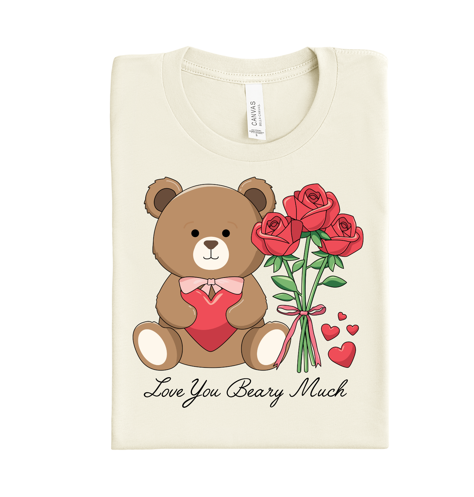 DTF transfer with a cute bear holding a heart and "Beary Much" text – Valentine’s design for shirts, bags, and custom gift projects.