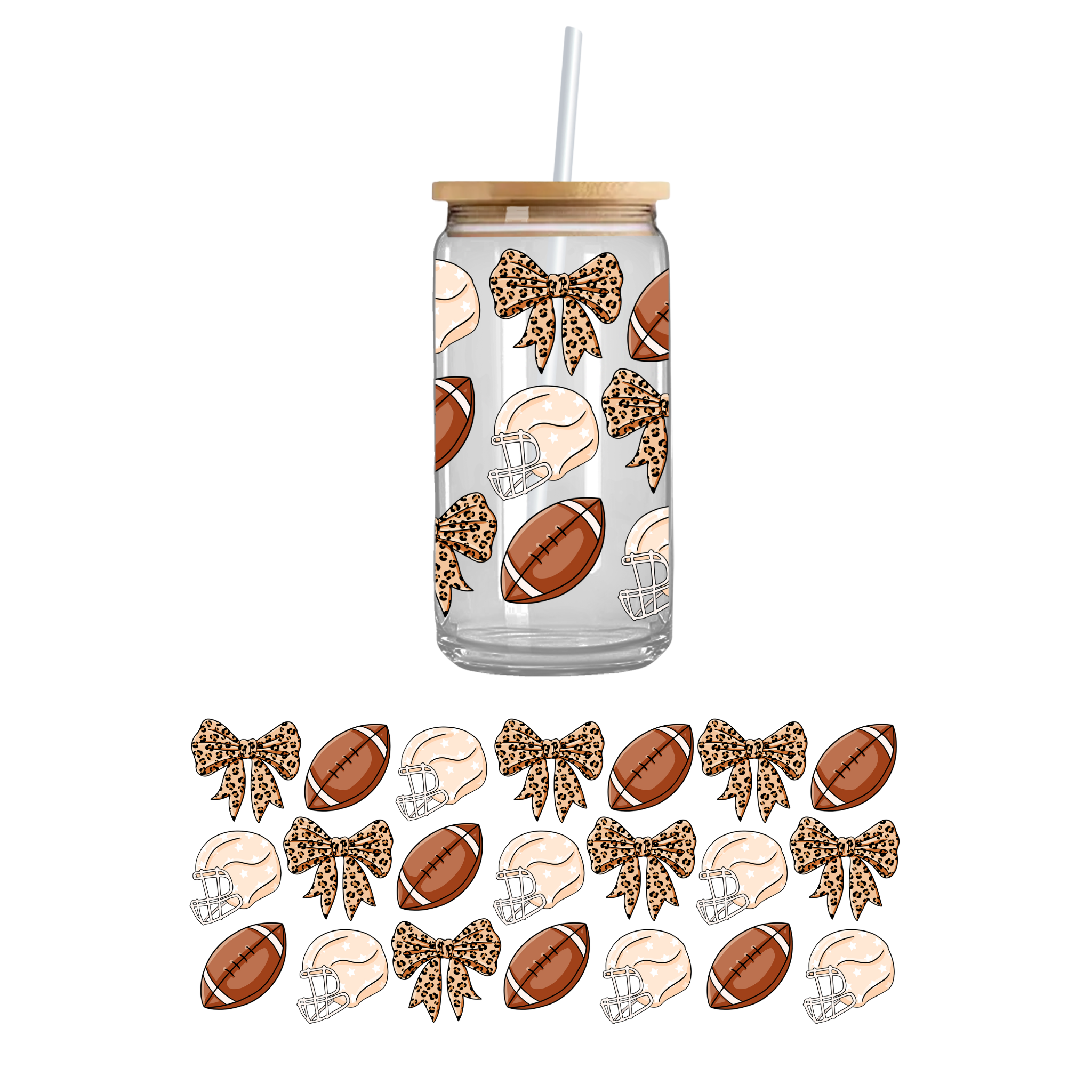 Bows and football UV DTF cupwrap design printed double-sided for 16oz and 20oz Libbey glass cups, featuring sporty bows and football details.