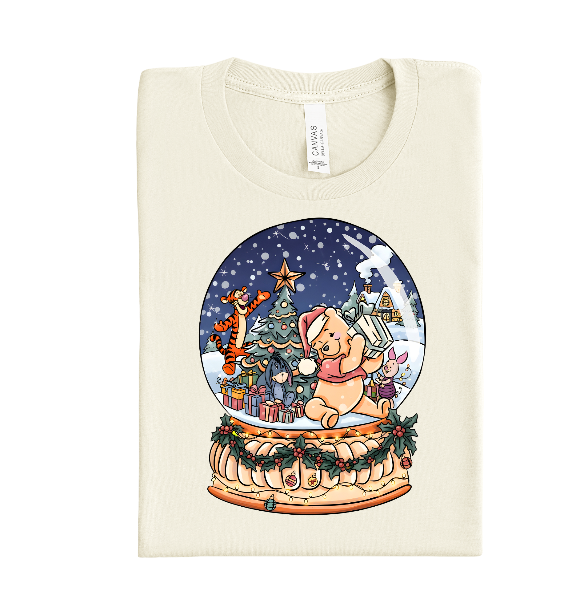 Winter Snowglobe DTF transfer design for shirts and hoodies, custom ready-to-press heat transfer featuring a festive snowglobe holiday scene.