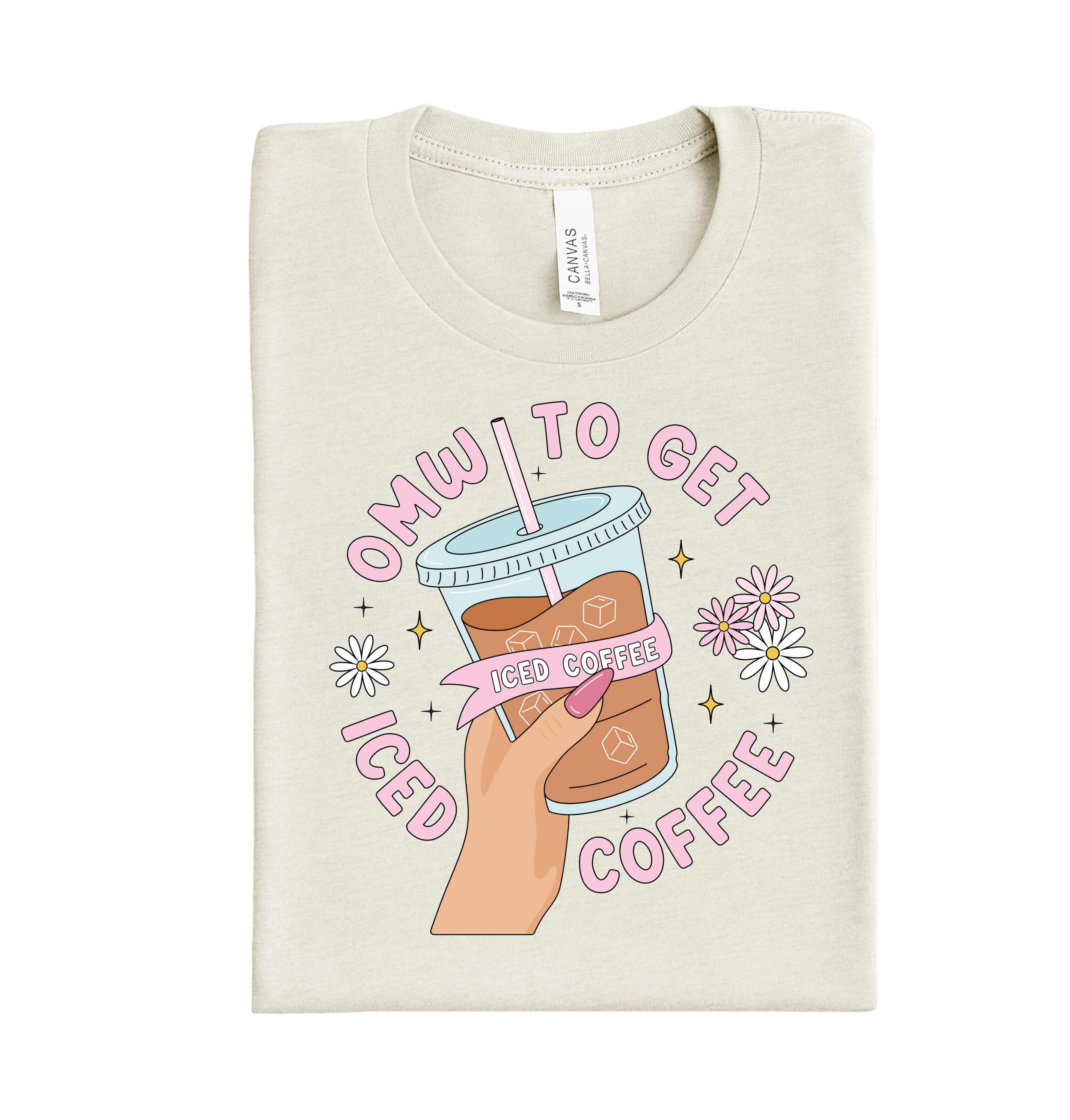 DTF transfer design with the phrase "On My Way! to Get Iced Coffee"—ideal for custom T-shirts, fast shipping, gang sheets, and DIY shirt makers who want a trendy, fun design.