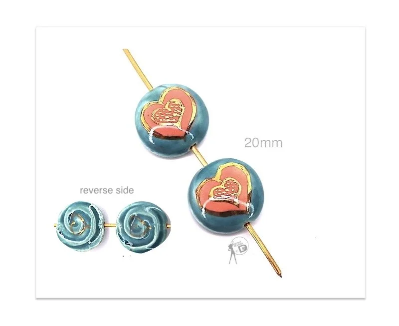 Turquoise/Salmon Pink Designer Ceramic Heart beads – Pair – NHP3F3