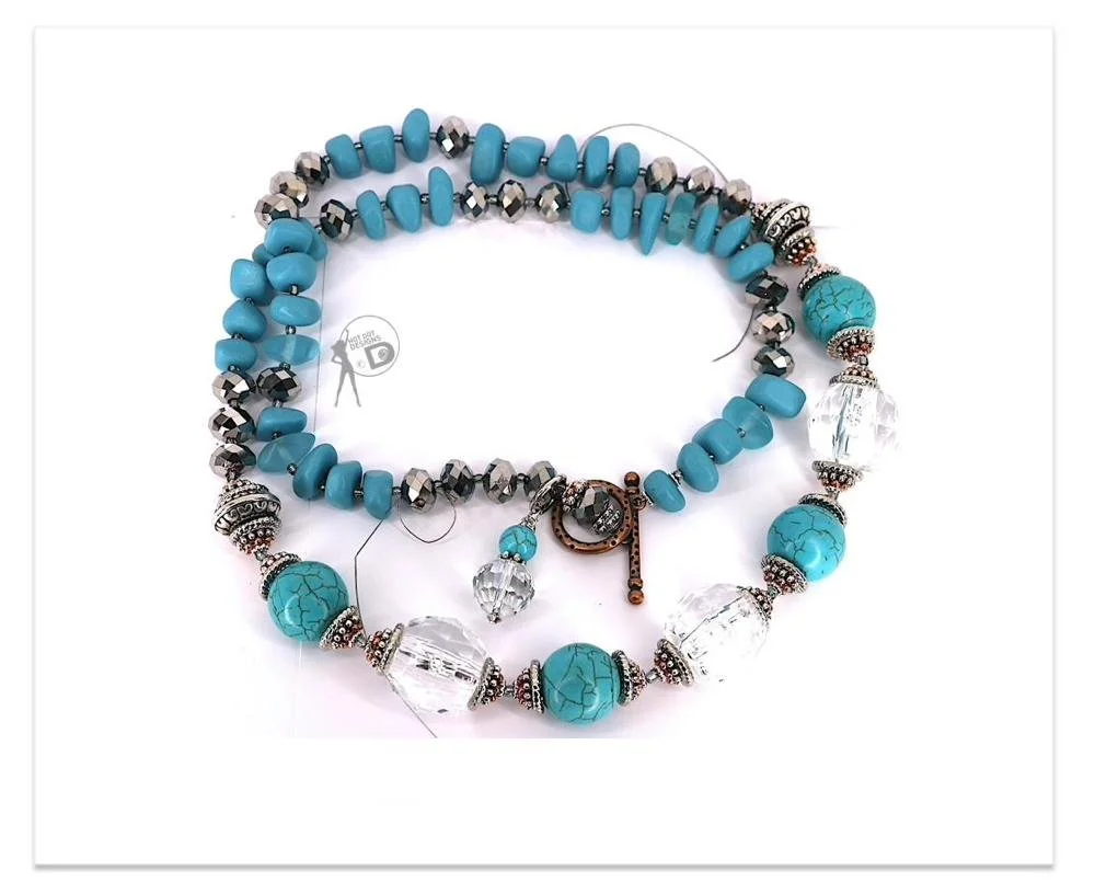 Turquoise and Crystal Long Silk Knotted Necklace Kit DKS10